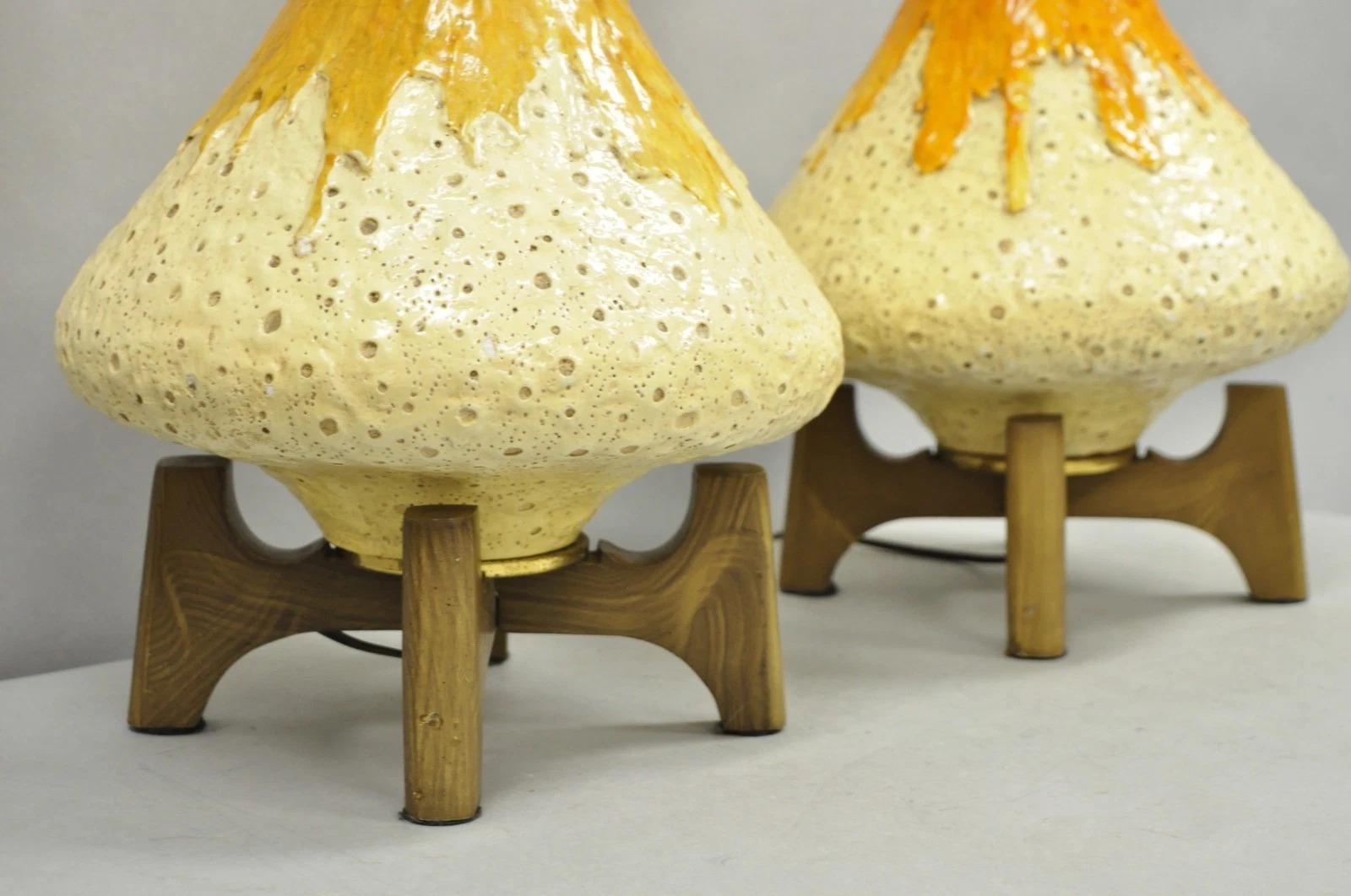 Vintage Mid Century Modern Orange Drip Glazed Ceramic Table Lamps - a Pair For Sale 5