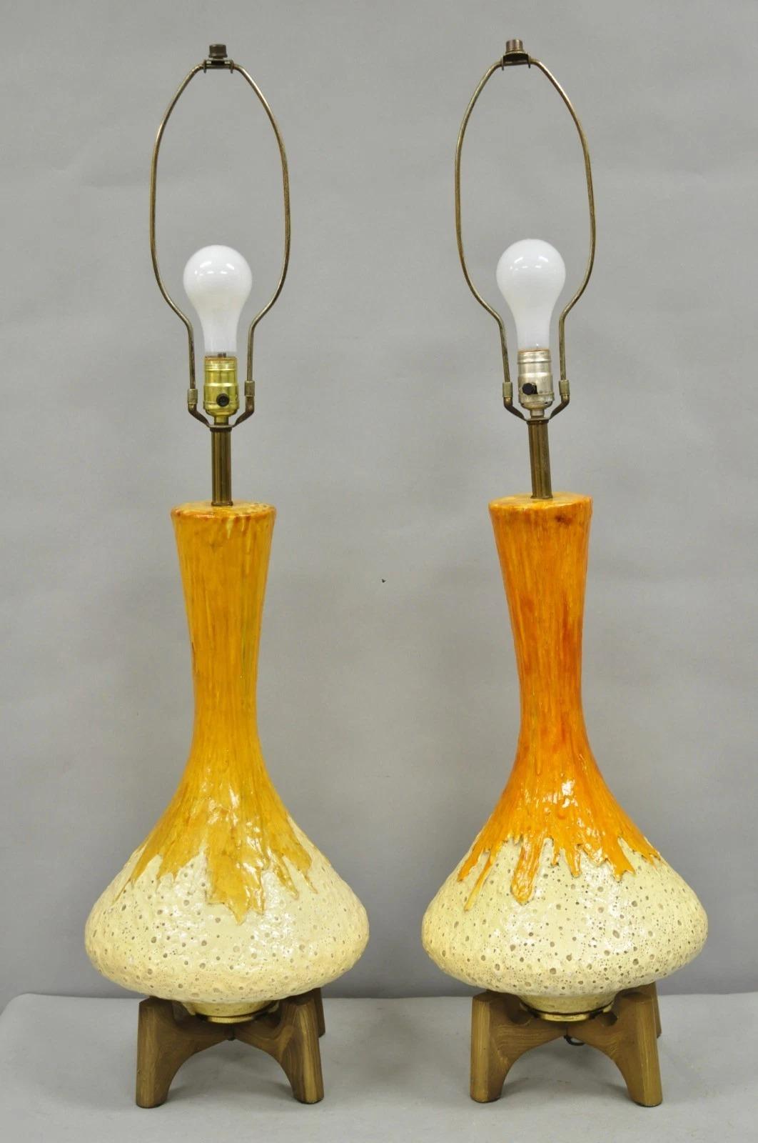 Vintage Mid Century Modern Orange Drip Glazed Ceramic Table Lamps - a Pair For Sale 6