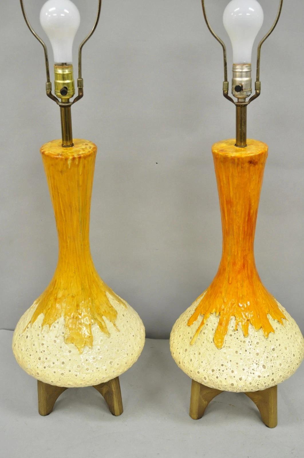 Mid-Century Modern Vintage Mid Century Modern Orange Drip Glazed Ceramic Table Lamps - a Pair For Sale