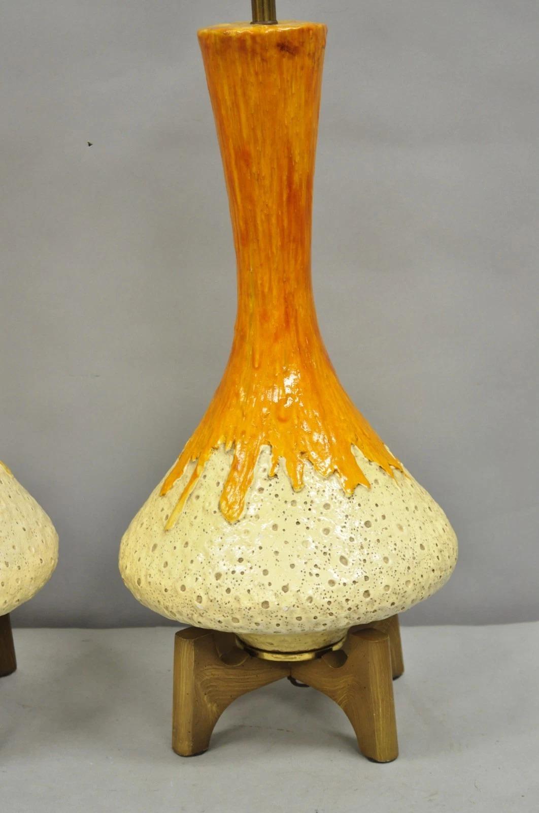 Unknown Vintage Mid Century Modern Orange Drip Glazed Ceramic Table Lamps - a Pair For Sale