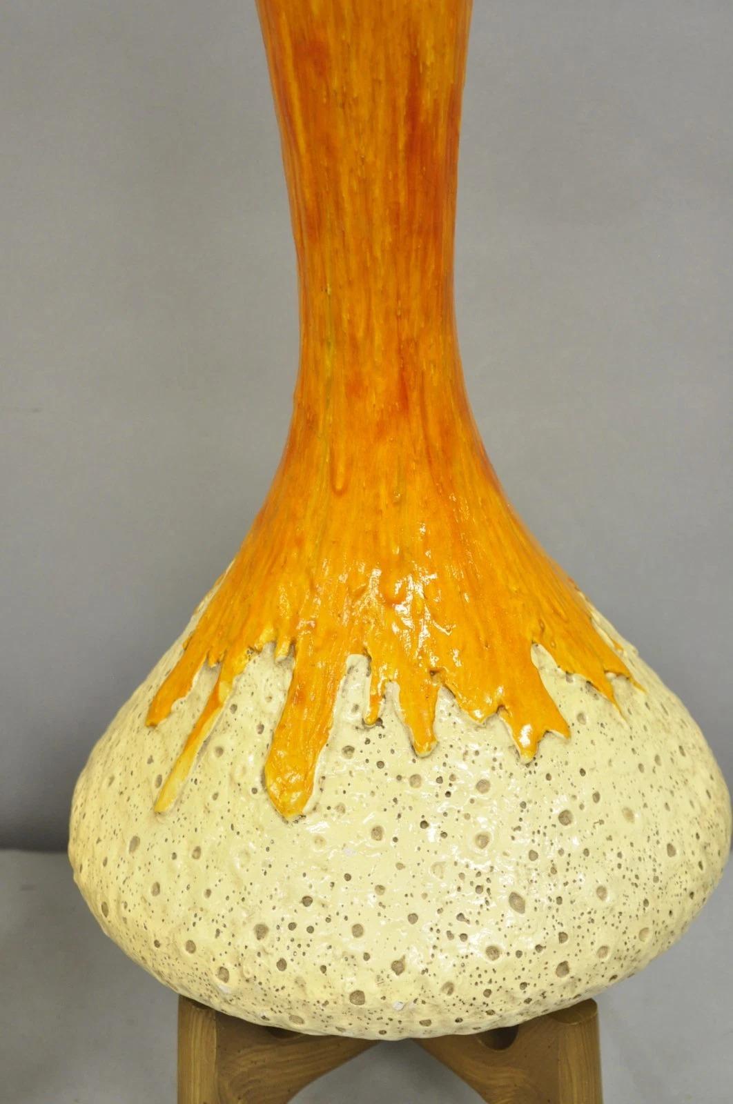 Vintage Mid Century Modern Orange Drip Glazed Ceramic Table Lamps - a Pair In Good Condition For Sale In Philadelphia, PA