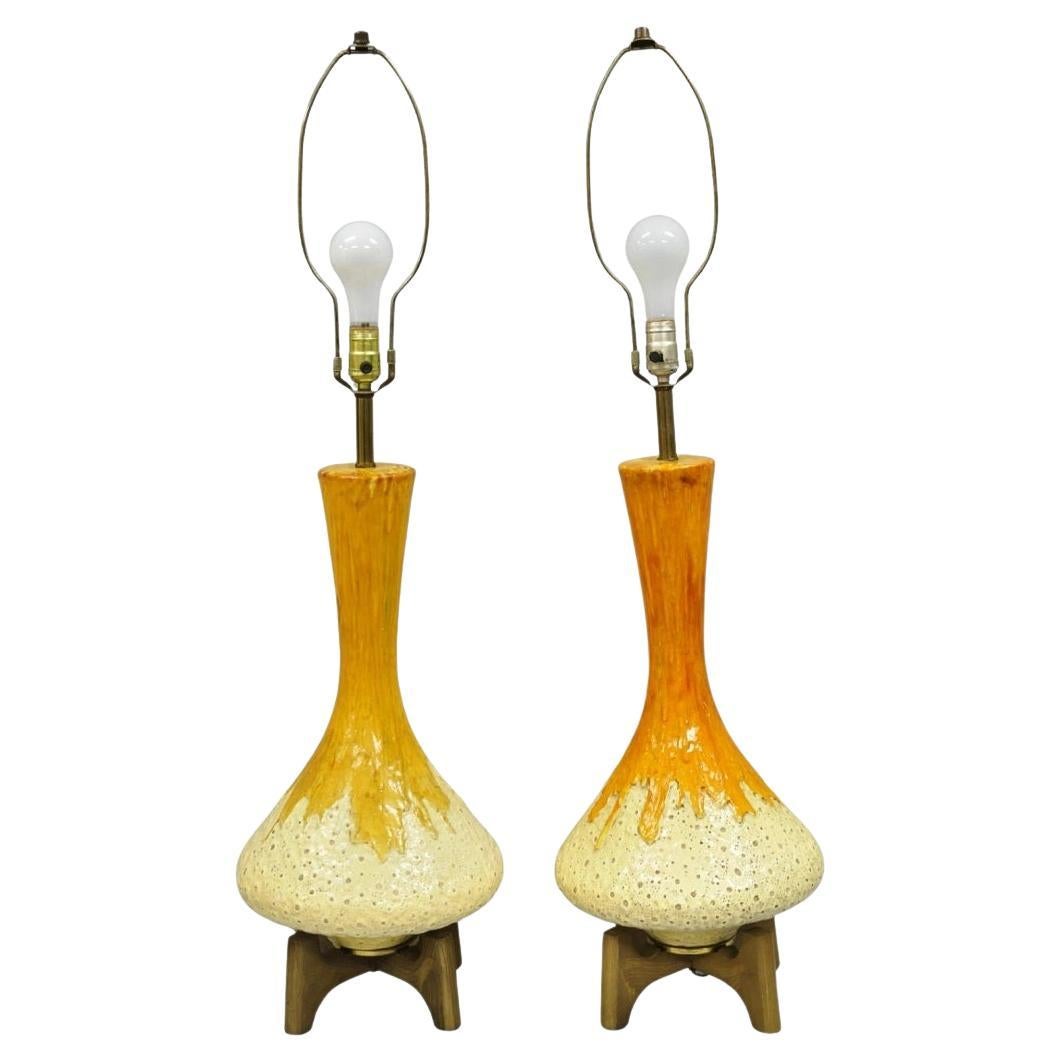 Vintage Mid Century Modern Orange Drip Glazed Ceramic Table Lamps - a Pair