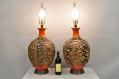 Vintage Mid Century Modern Orange Drip Lava Glaze Large Pottery Table Lamp Pair