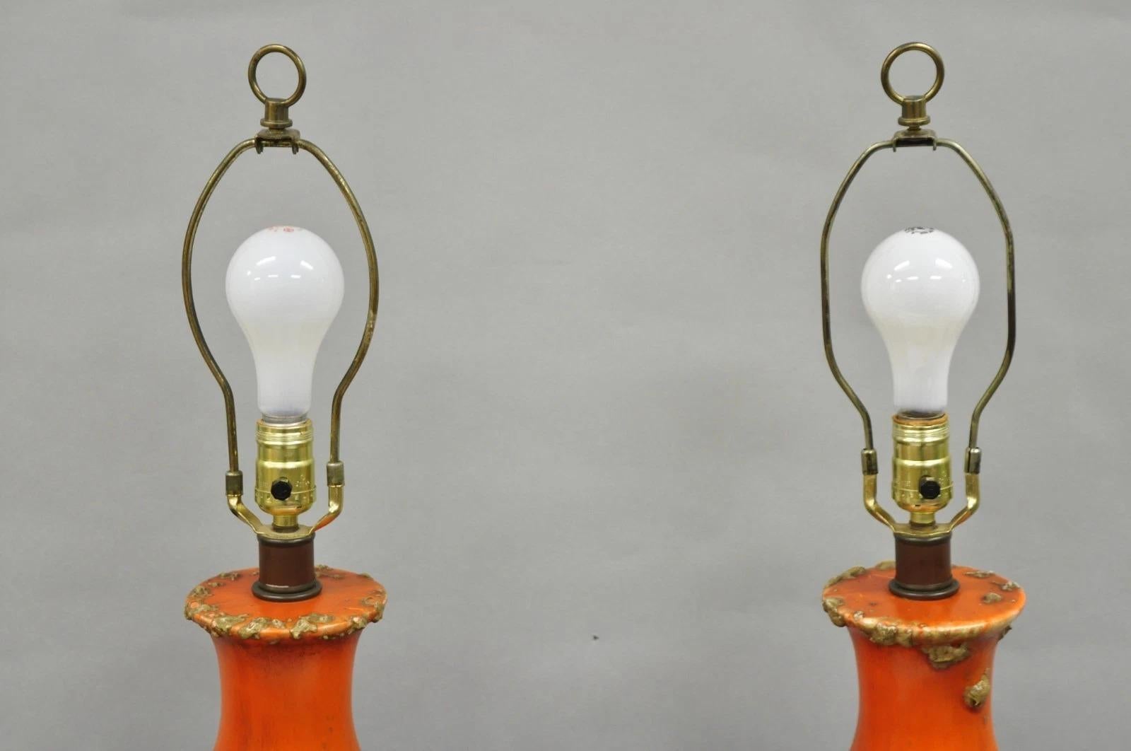 Vintage Mid Century Modern Orange Drip Lava Glaze Große Keramik Tischlampe Paar im Zustand „Gut“ im Angebot in Philadelphia, PA