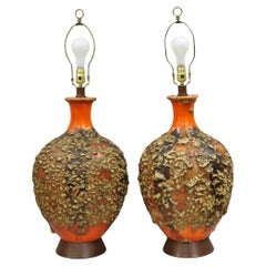 Vintage Mid Century Modern Orange Drip Lava Glaze Large Pottery Table Lamp Pair