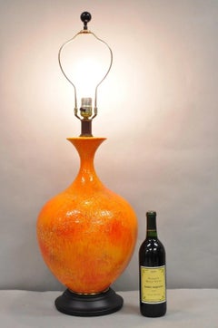 Vintage Mid Century Modern Orange Lava Glazed Bulbous Ceramic Pottery Table Lamp