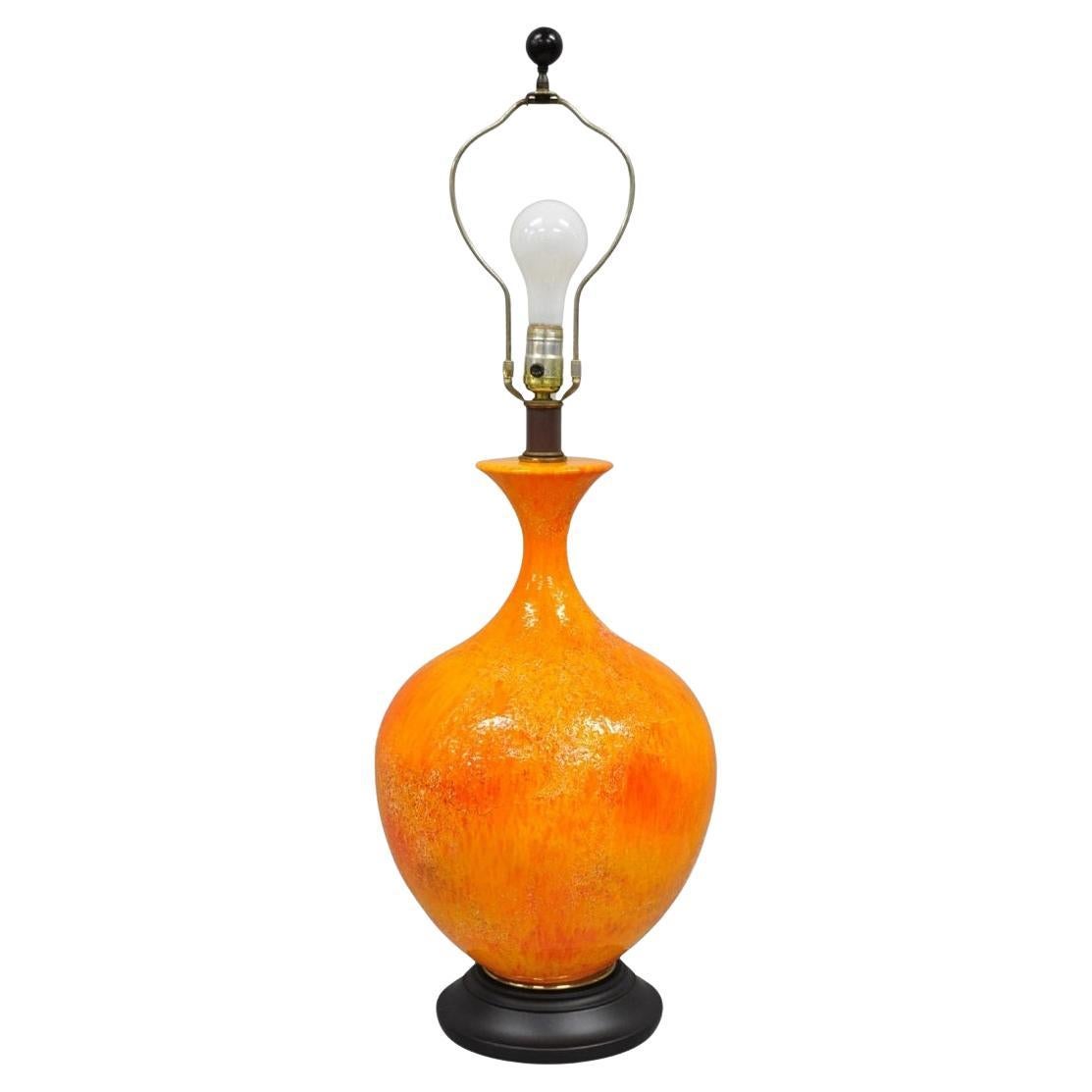 Vintage Mid Century Modern Orange Lava Glazed Bulbous Ceramic Table Lamp