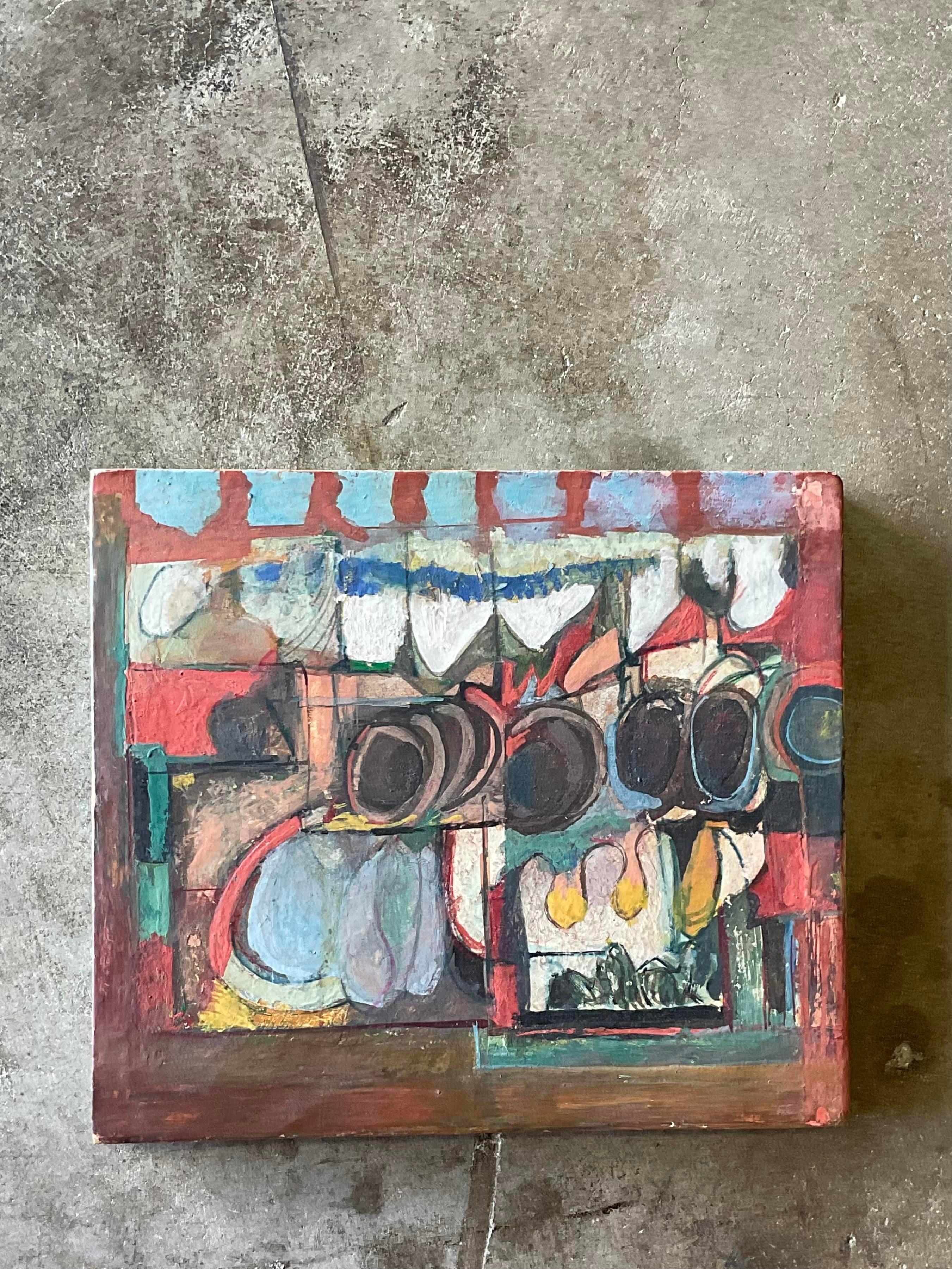 Fantastic vintage abstract original oil. A brilliantly colored composition on wood. Signed and dated by the artist Jack Hammack, 1967. Acquired from a Portland estate