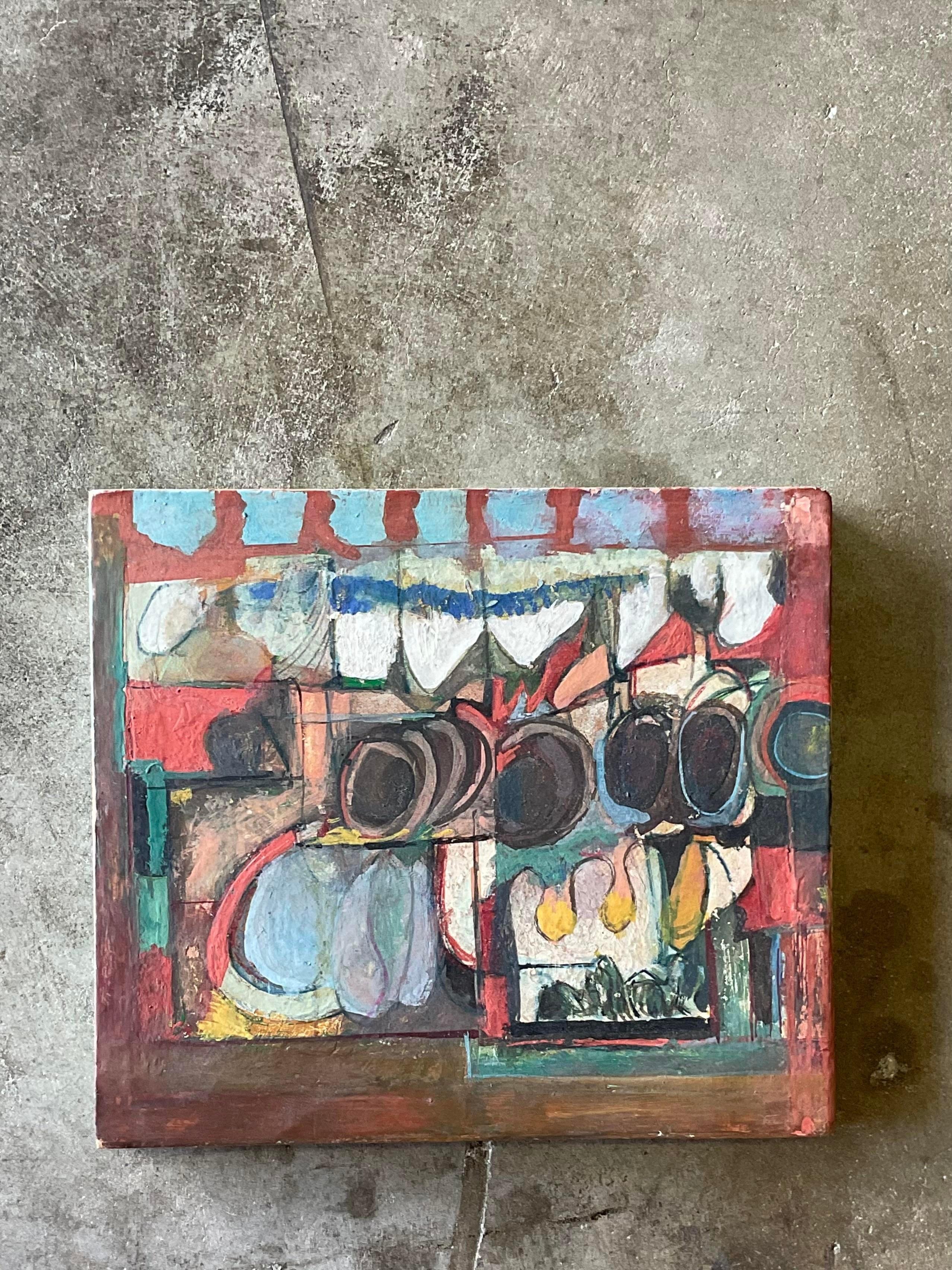 Vintage Mid-Century Modern Original Abstract on Wood Signed Hammack 1967 In Good Condition For Sale In west palm beach, FL