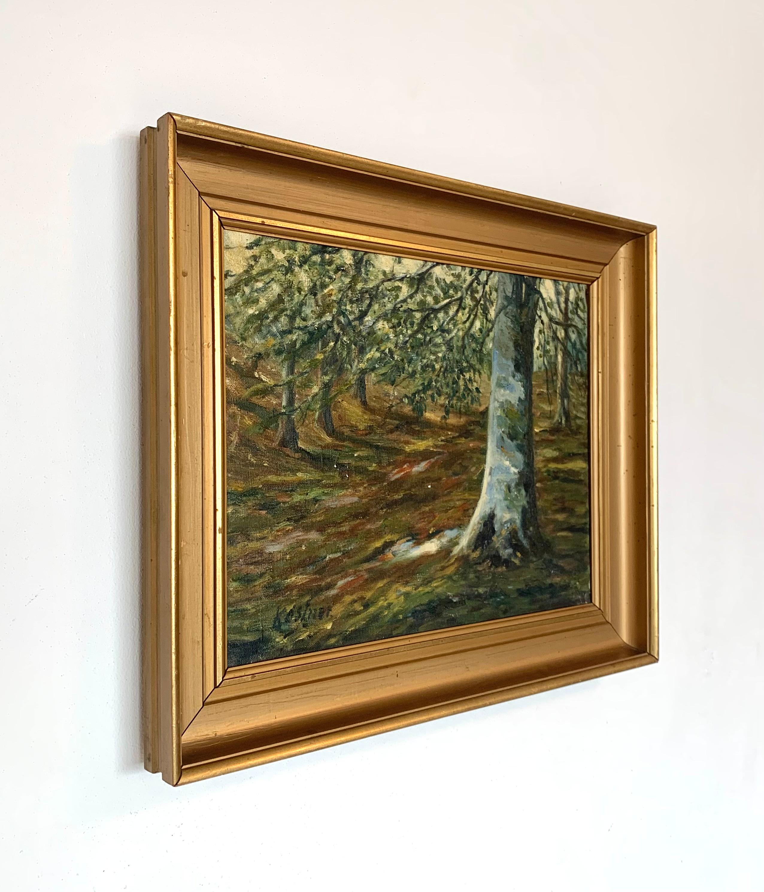 Mid-Century moderno Quadro ad olio di paesaggio originale della metà del secolo scorso con un motivo di foresta in vendita