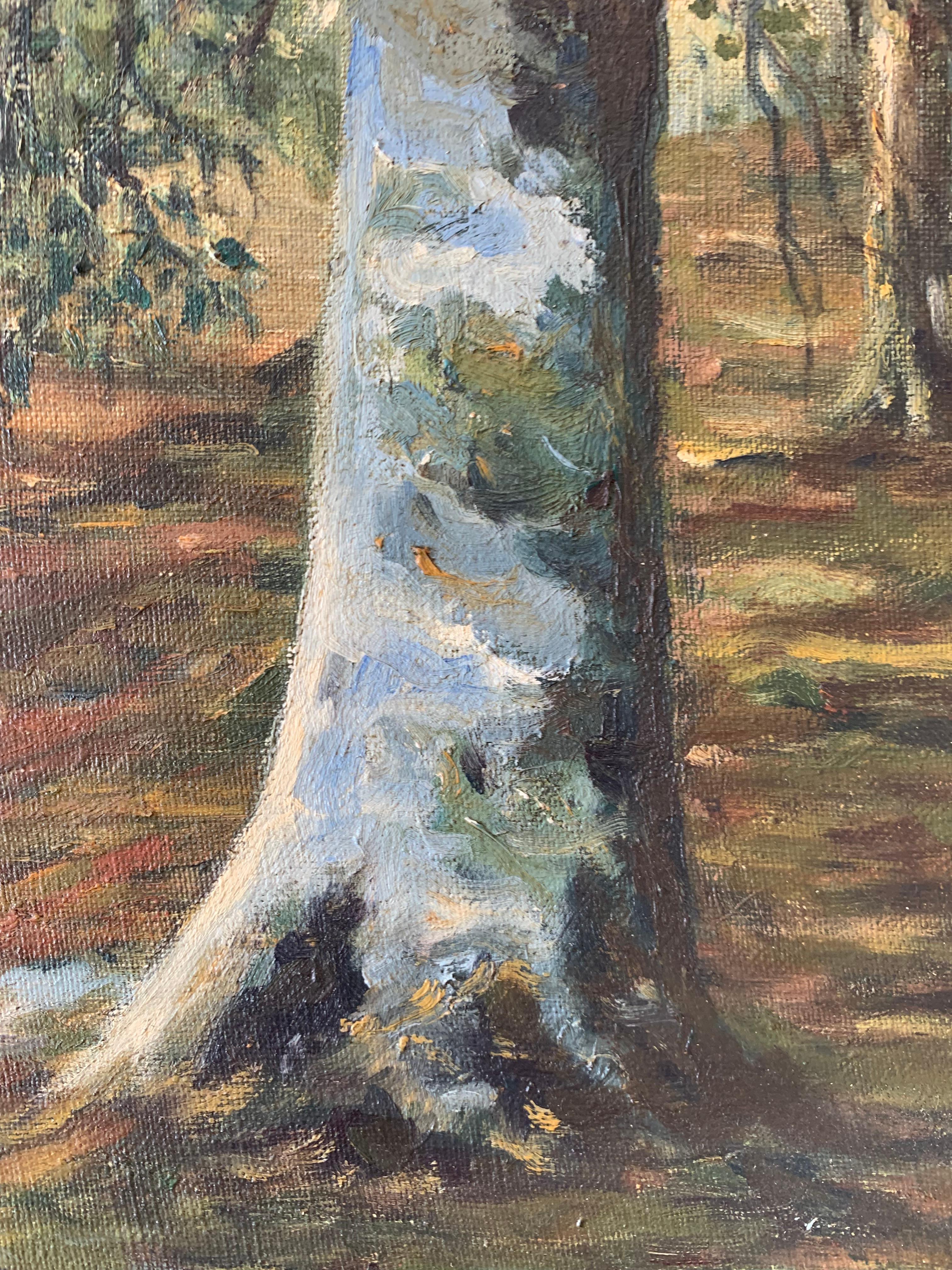 Danese Quadro ad olio di paesaggio originale della metà del secolo scorso con un motivo di foresta in vendita