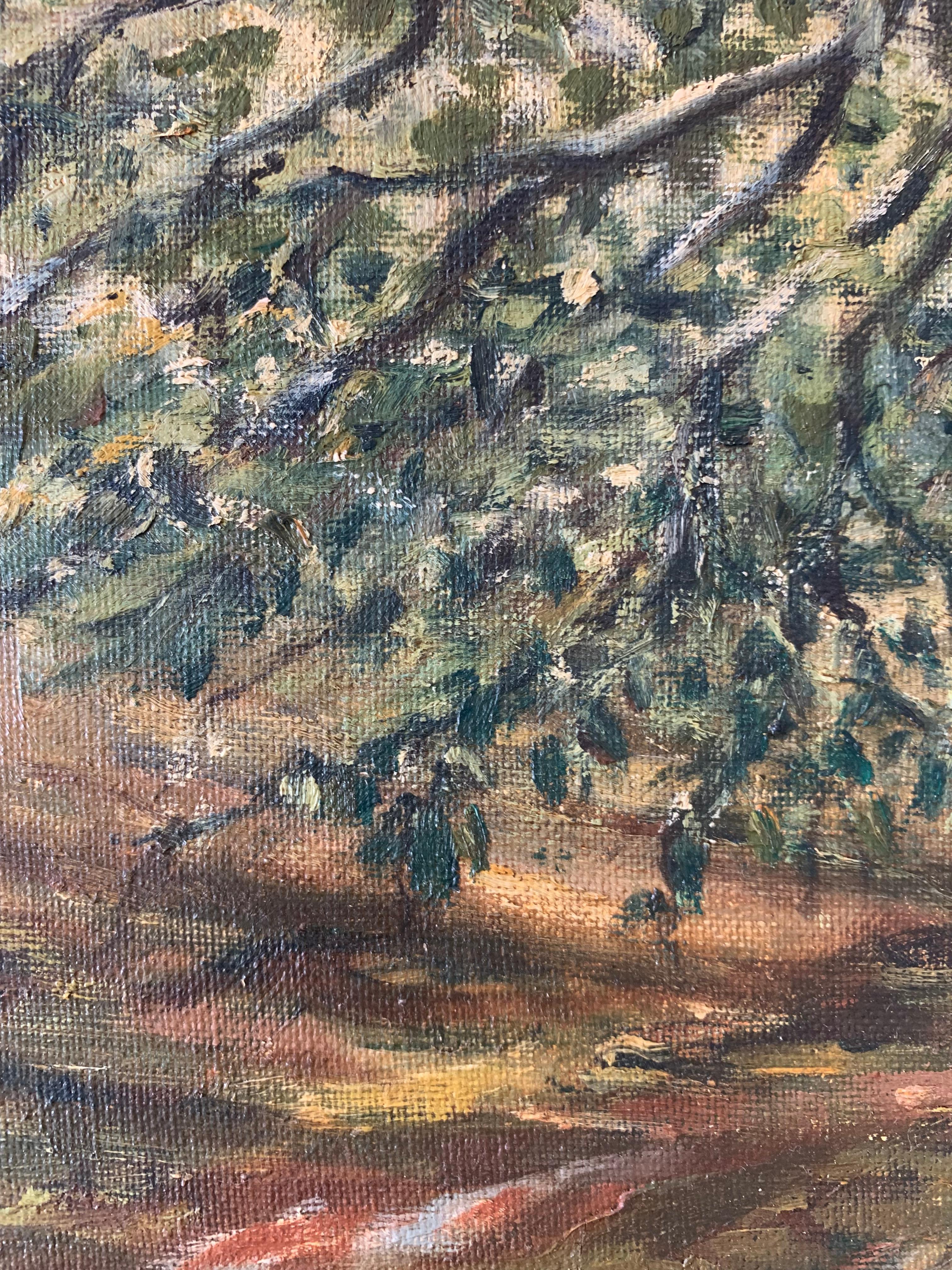 Dipinto a mano Quadro ad olio di paesaggio originale della metà del secolo scorso con un motivo di foresta in vendita