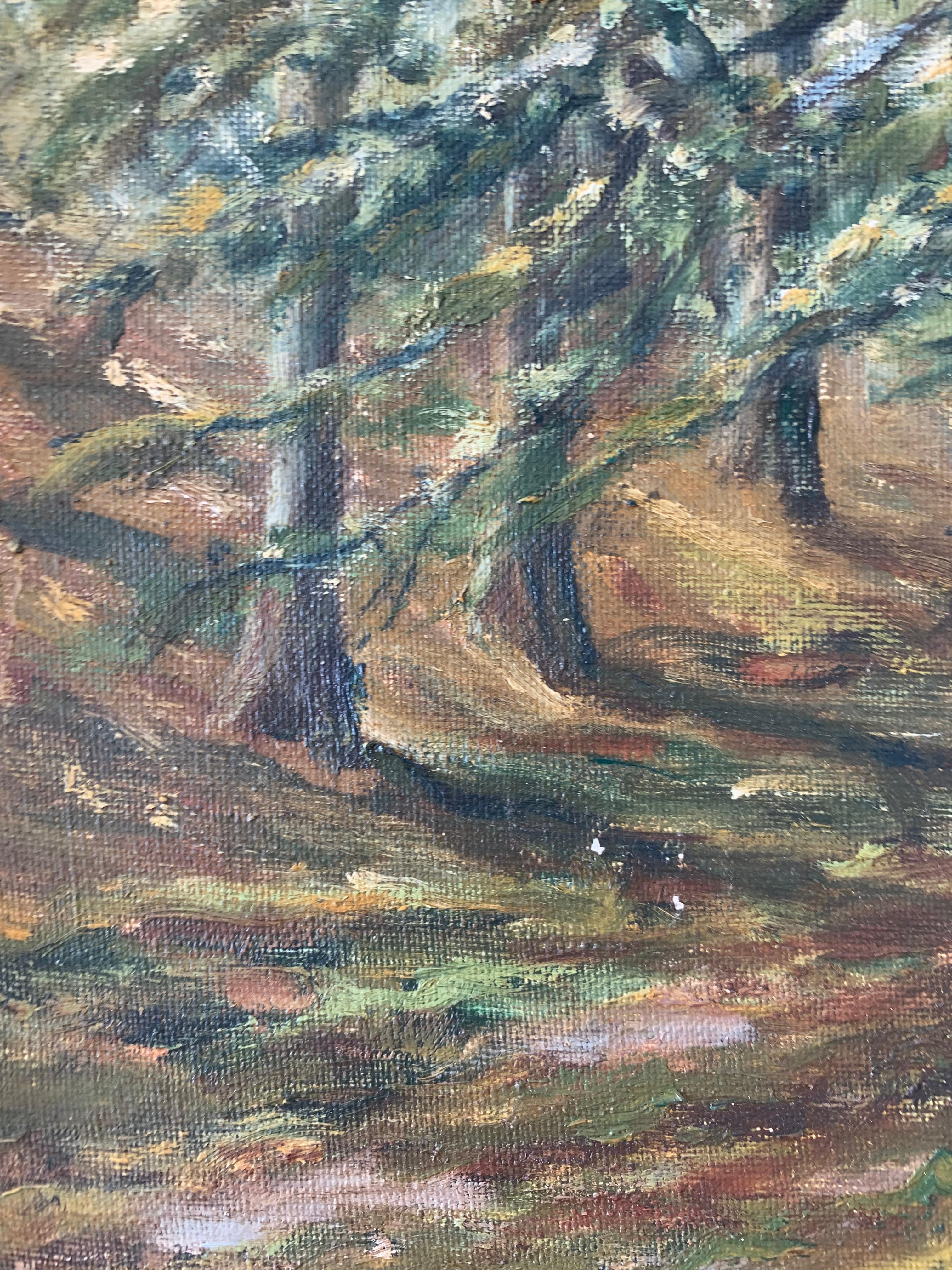 XX secolo Quadro ad olio di paesaggio originale della metà del secolo scorso con un motivo di foresta in vendita