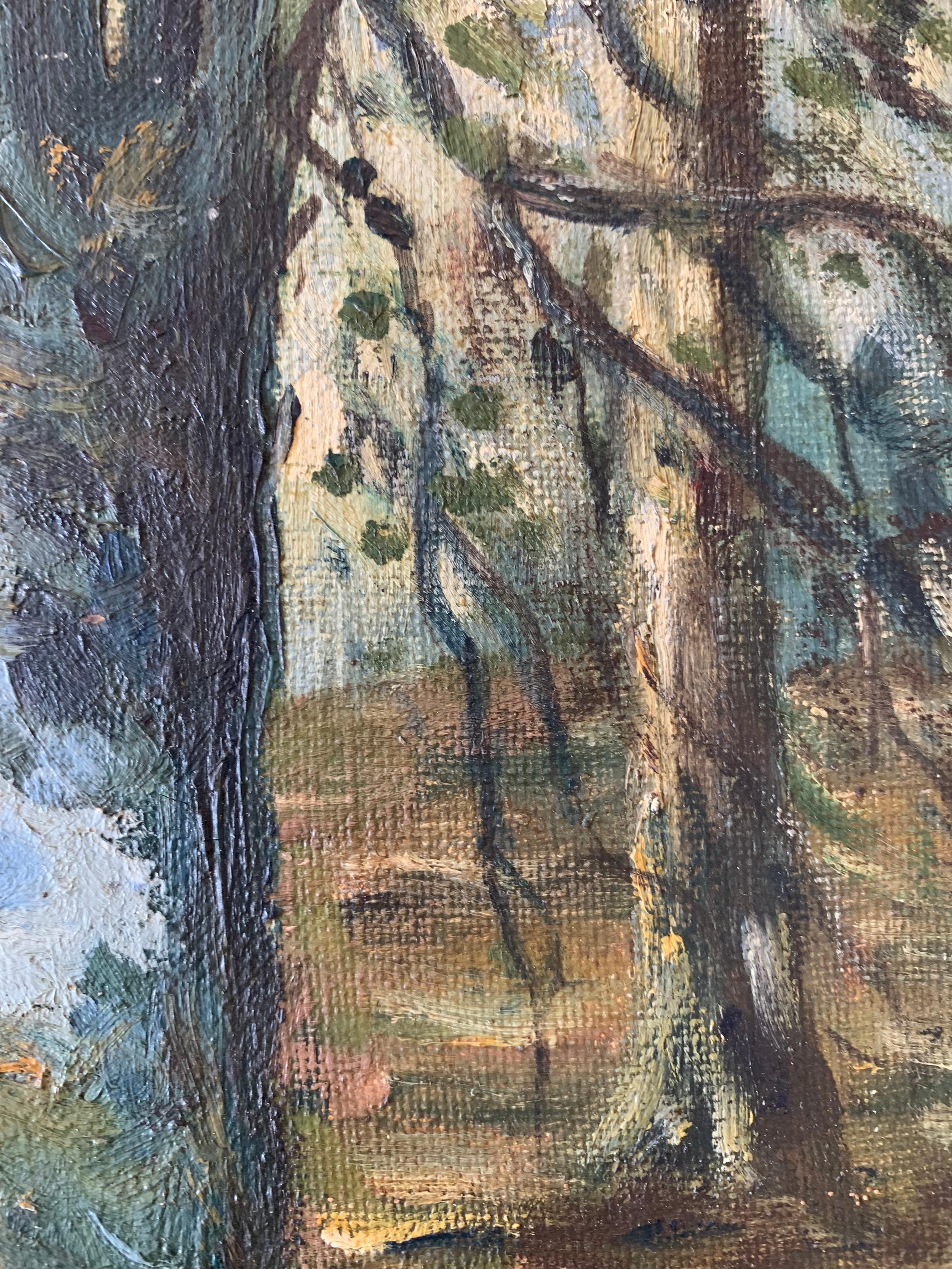 Pittura Quadro ad olio di paesaggio originale della metà del secolo scorso con un motivo di foresta in vendita