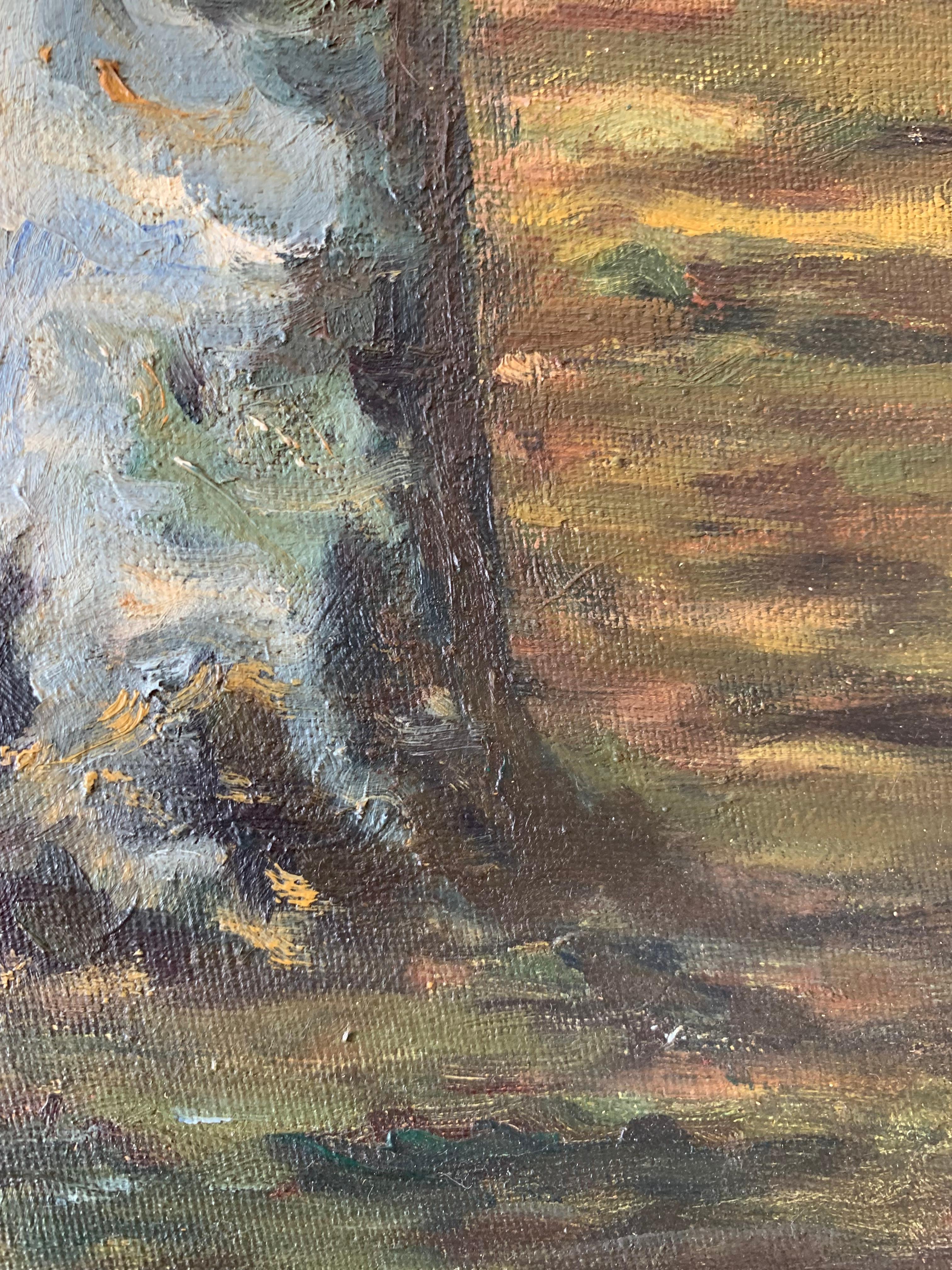 Quadro ad olio di paesaggio originale della metà del secolo scorso con un motivo di foresta in vendita 1