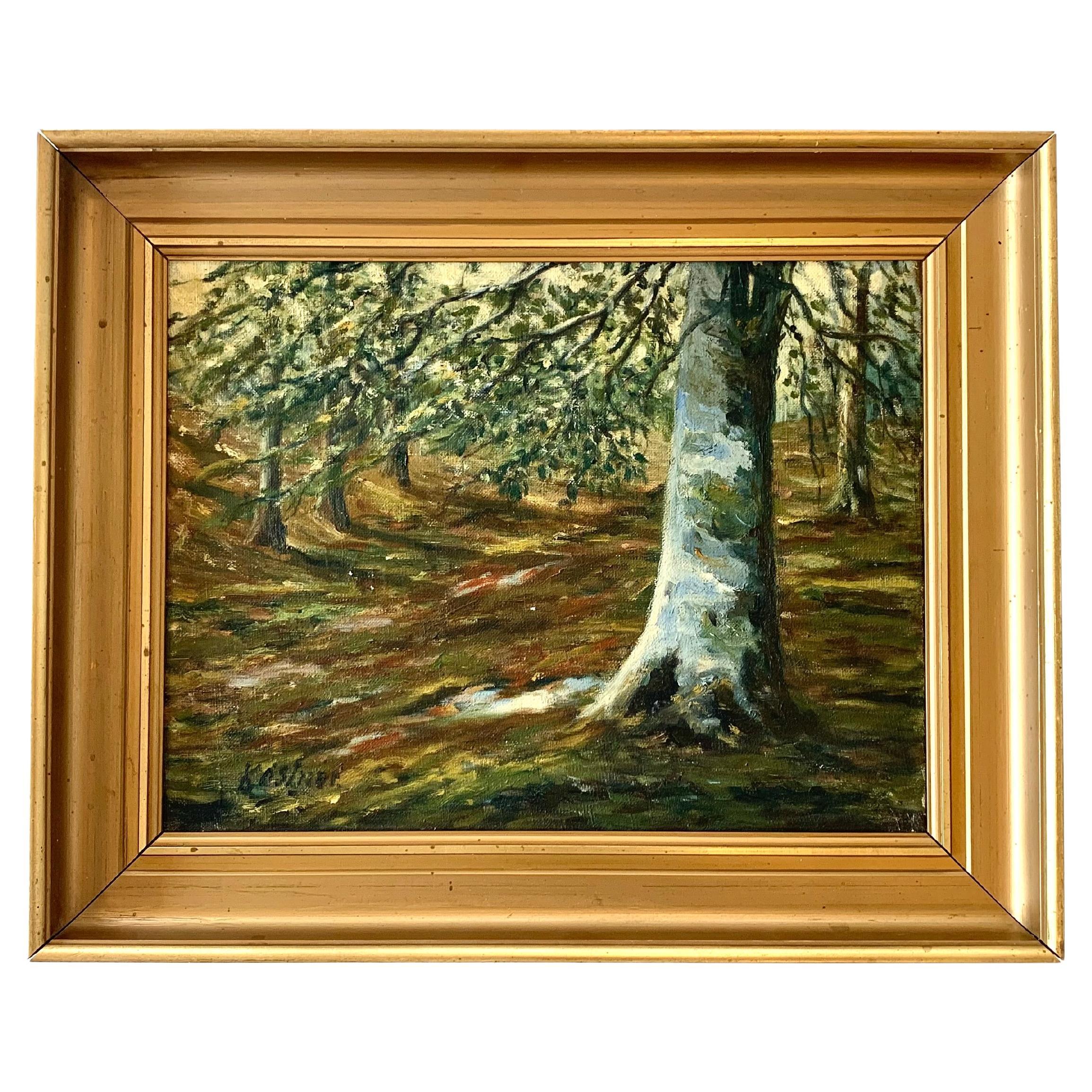 Quadro ad olio di paesaggio originale della metà del secolo scorso con un motivo di foresta in vendita