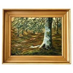 Vintage mid century modern original paysage peinture à l'huile avec un motif de la forêt.