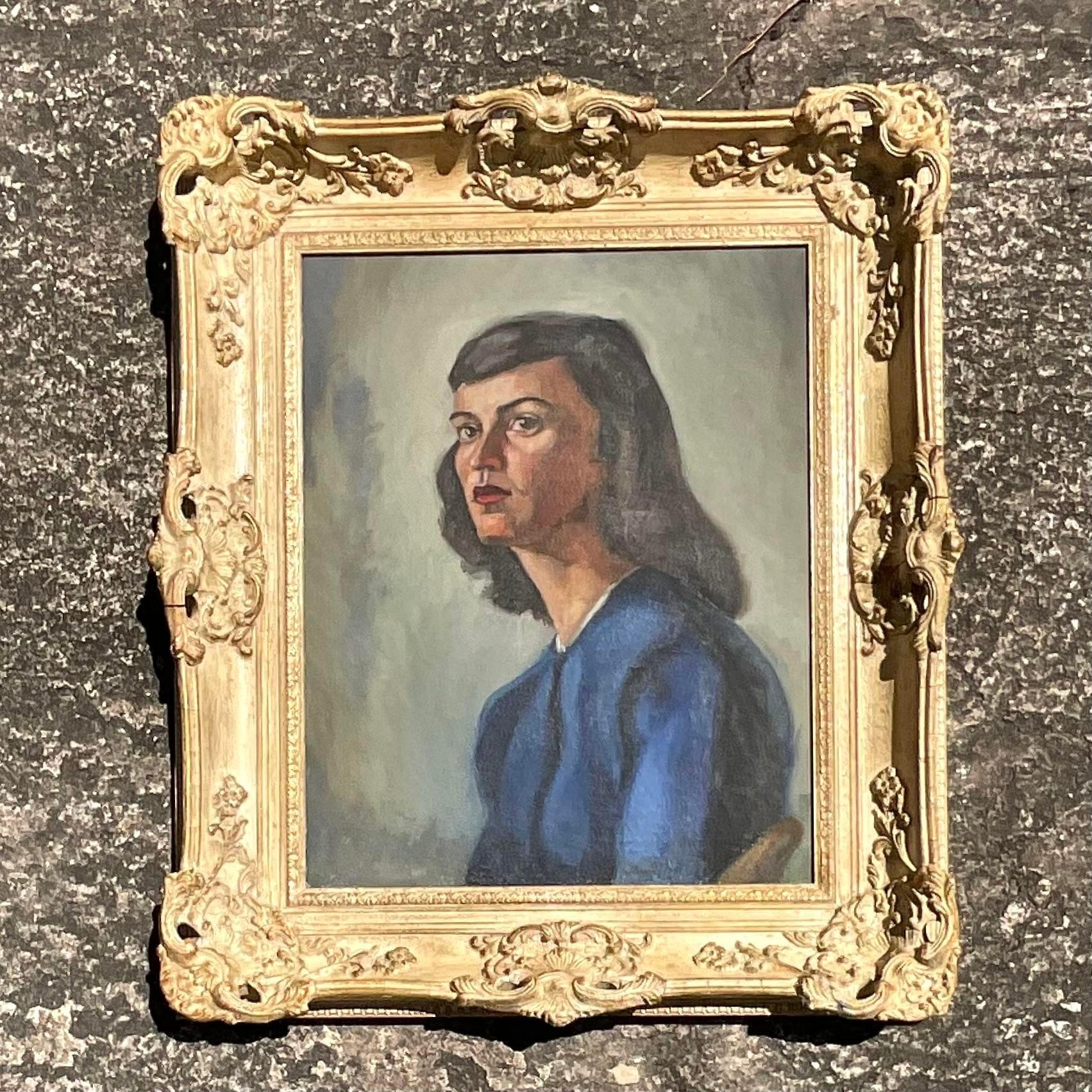 Experimenta la elegancia moderna de mediados de siglo con este Retrato al óleo sobre lienzo original Vintage MCM. Arraigada en la tradición artística estadounidense, muestra el encanto intemporal de la época, captando la esencia de la sofisticación