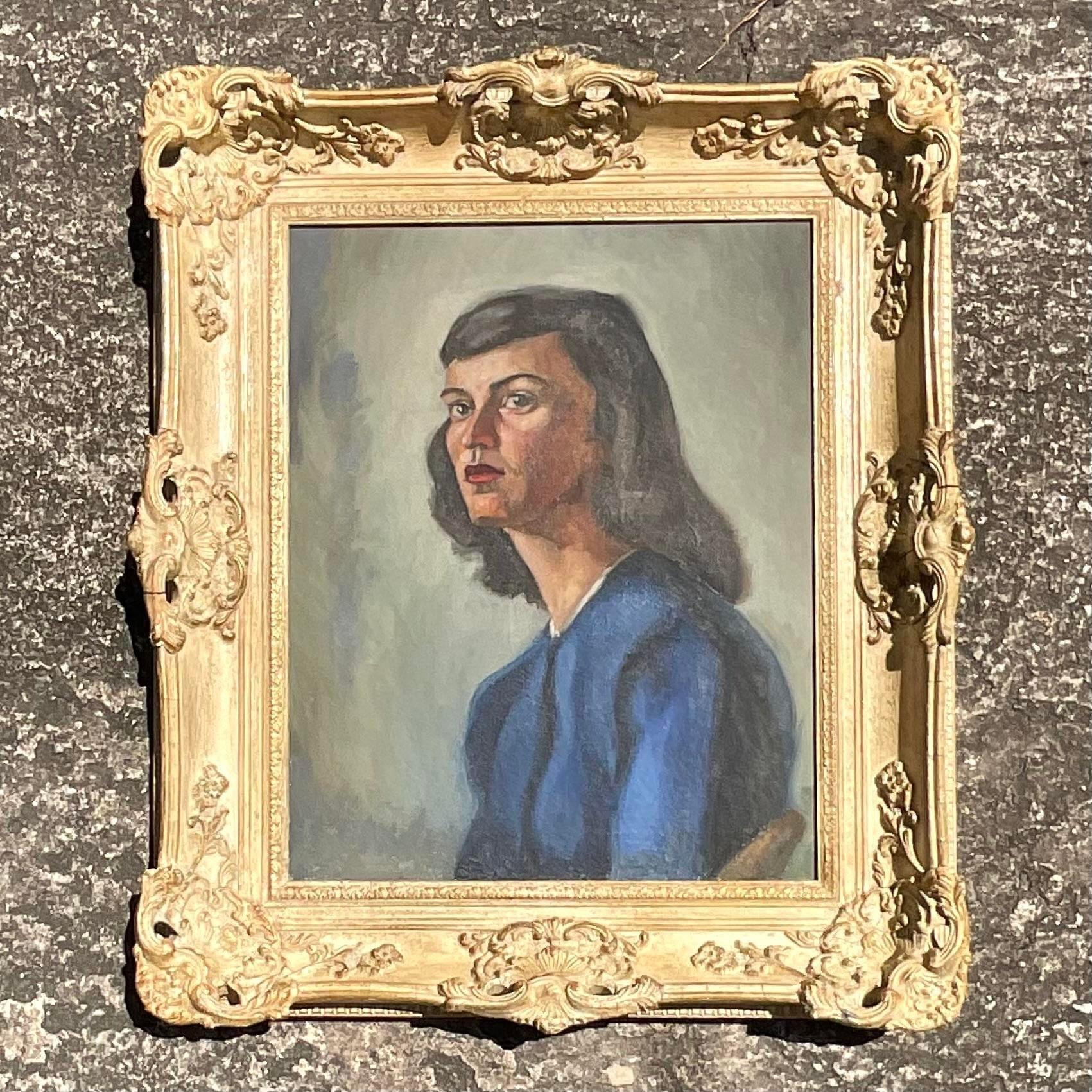 Vintage Mid-Century Modern Original Oil Portrait Painting on Canvas In Good Condition For Sale In west palm beach, FL