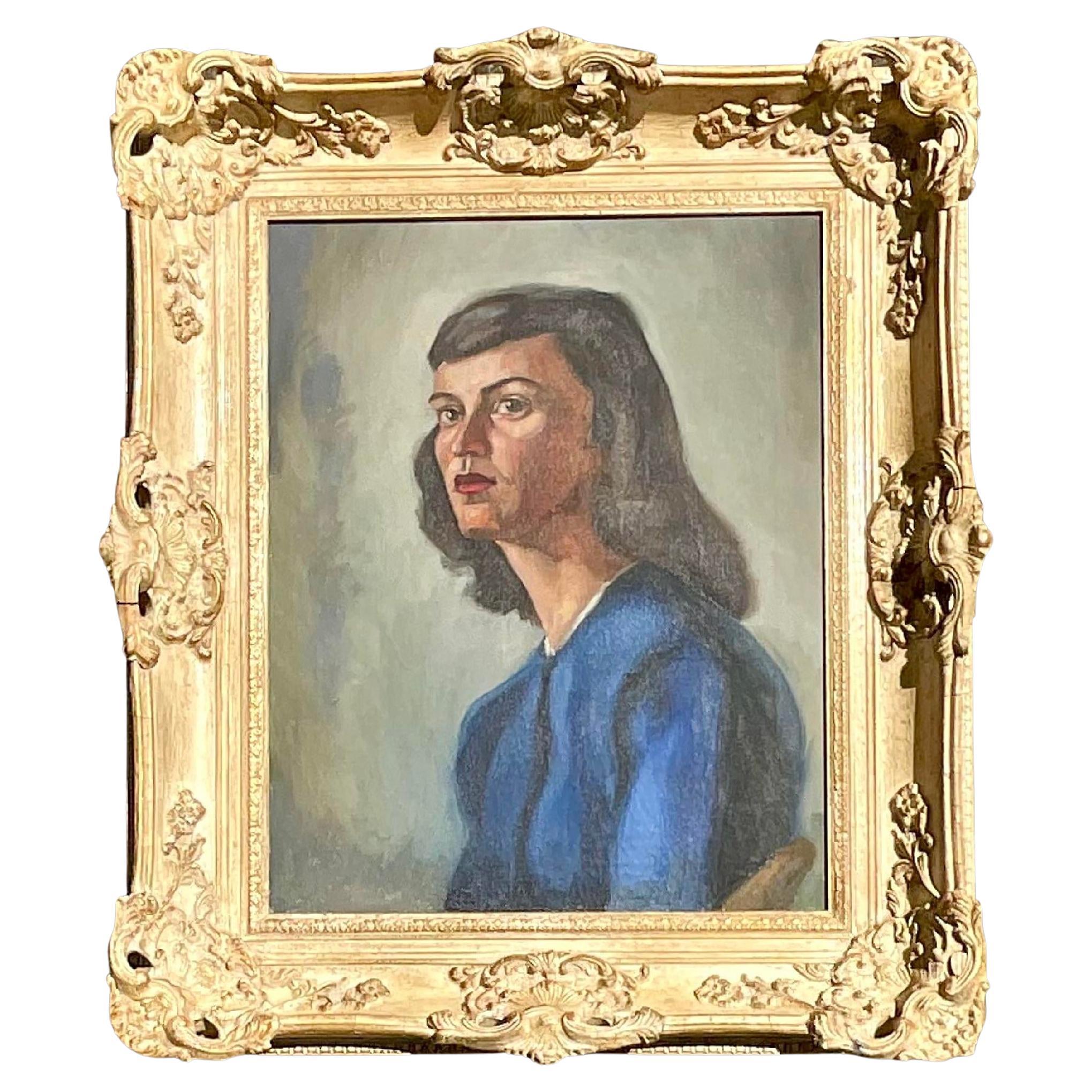 Vintage Mid-Century Modern Original Oil Portrait Painting on Canvas For Sale