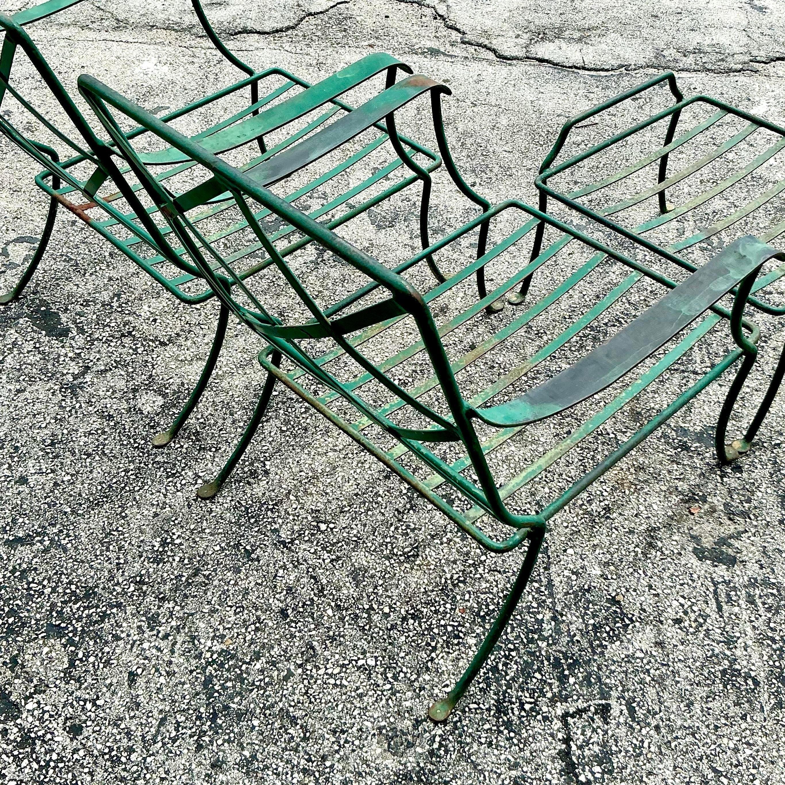 Hollywood Regency Vintage Mid-Century Modern Outdoor Wrought Iron Lounge Chairs & Ottoman, 3 Piece
