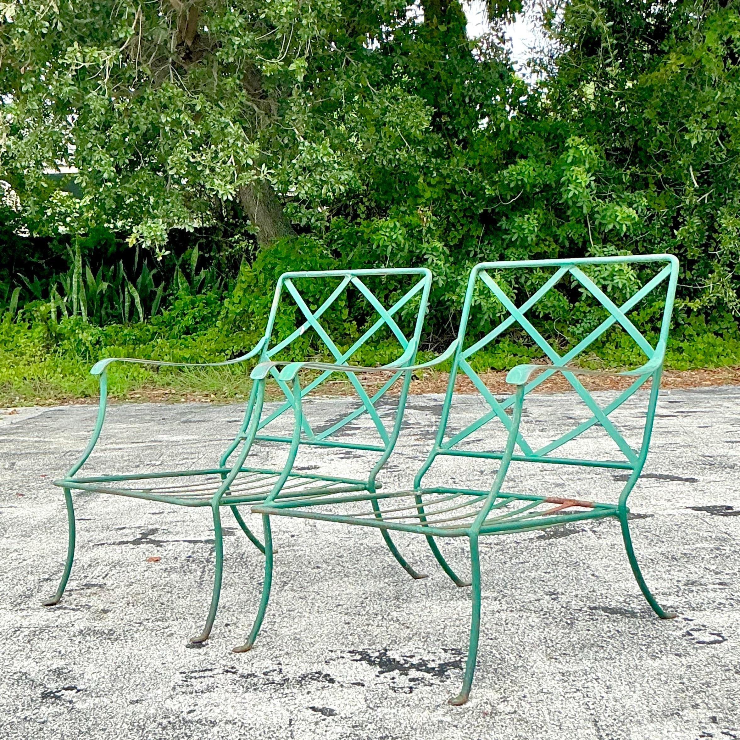 American Vintage Mid-Century Modern Outdoor Wrought Iron Lounge Chairs & Ottoman, 3 Piece