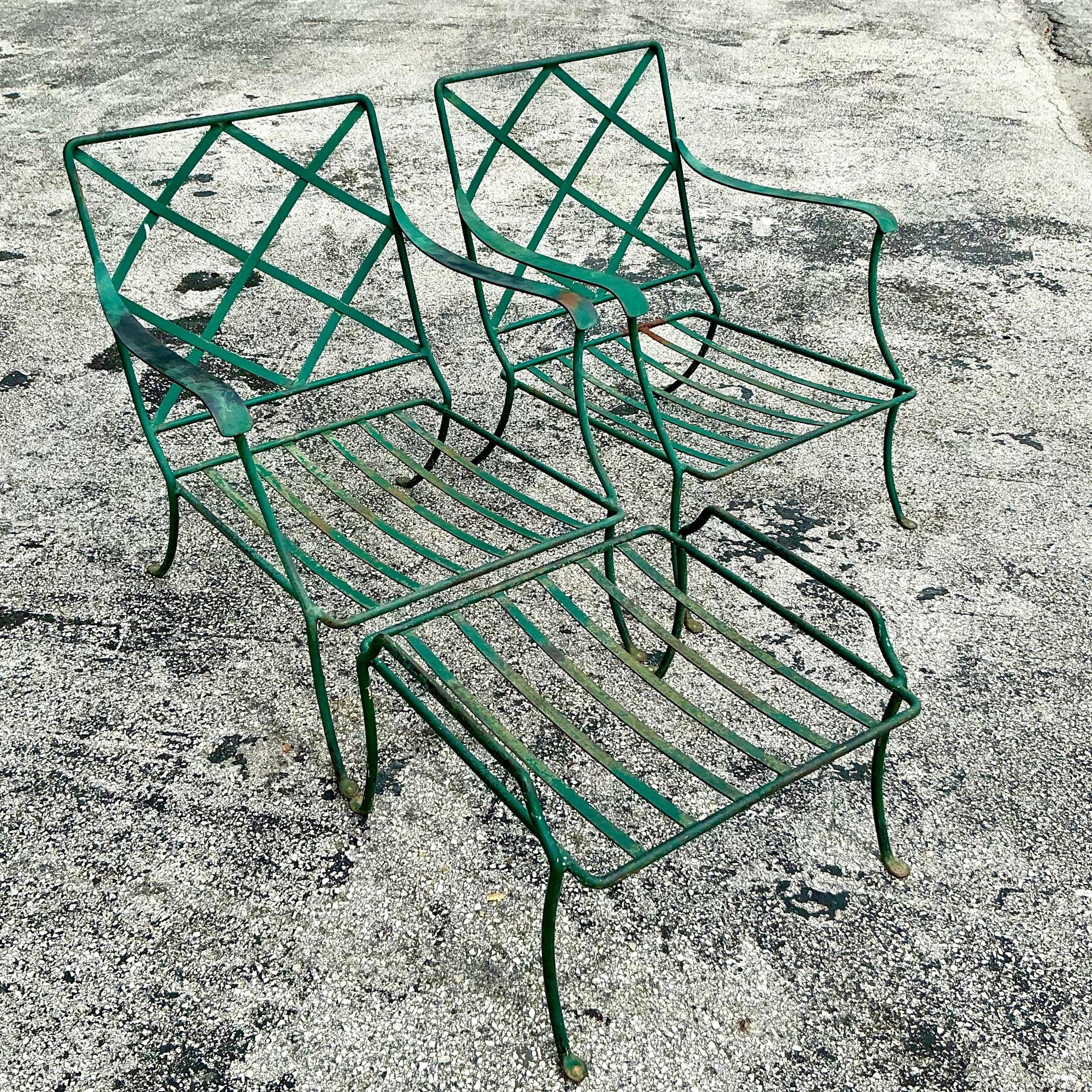 Vintage Mid-Century Modern Outdoor Wrought Iron Lounge Chairs & Ottoman, 3 Piece In Good Condition In west palm beach, FL