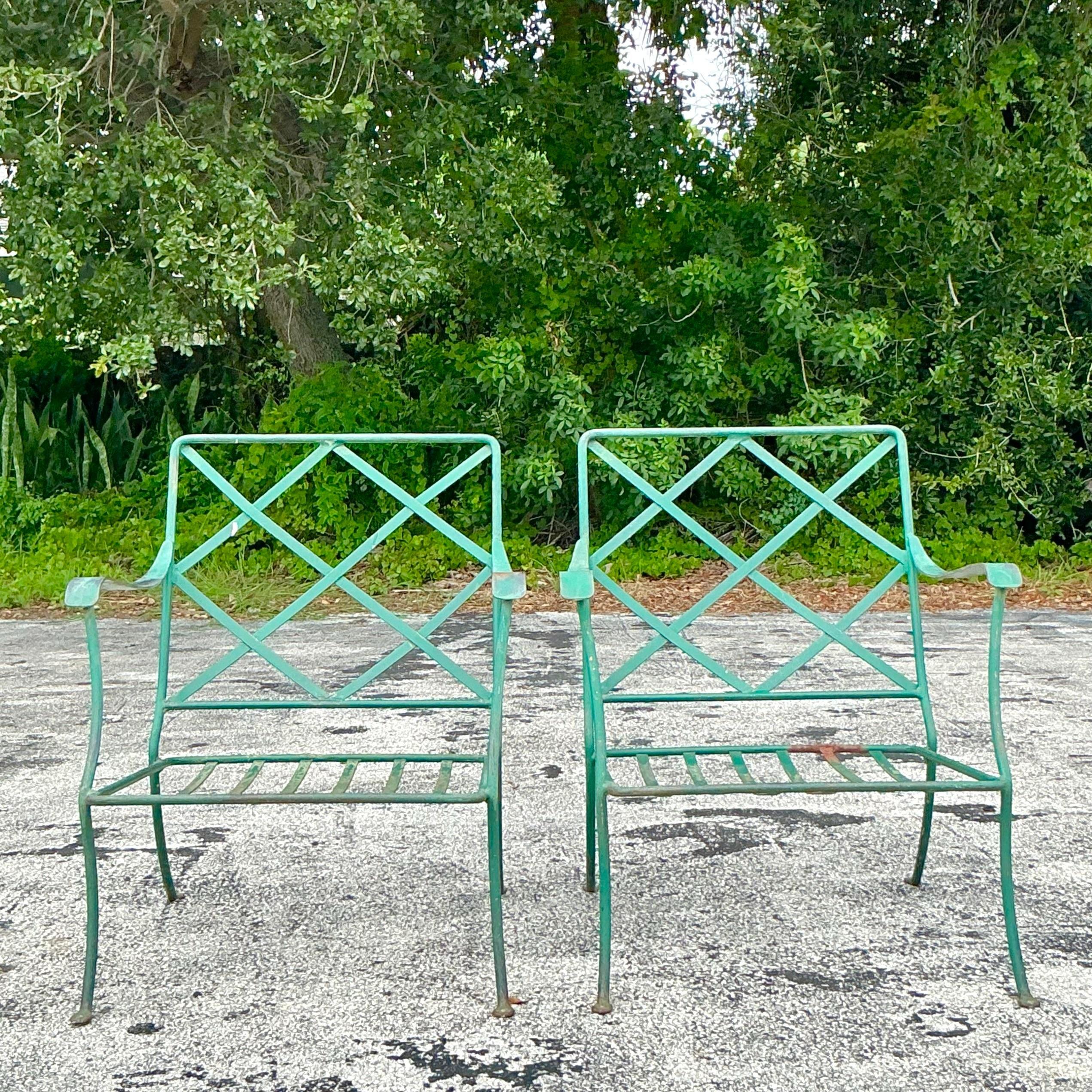 20th Century Vintage Mid-Century Modern Outdoor Wrought Iron Lounge Chairs & Ottoman, 3 Piece