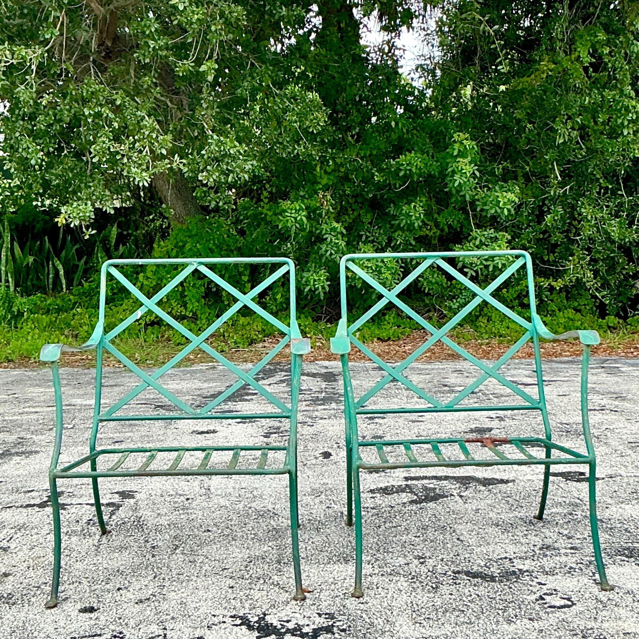 Vintage Mid-Century Modern Outdoor Wrought Iron Lounge Chairs & Ottoman, 3 Piece 2