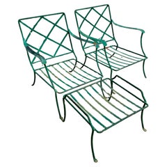 Vintage Mid-Century Modern Outdoor Wrought Iron Lounge Chairs & Ottoman, 3 Piece