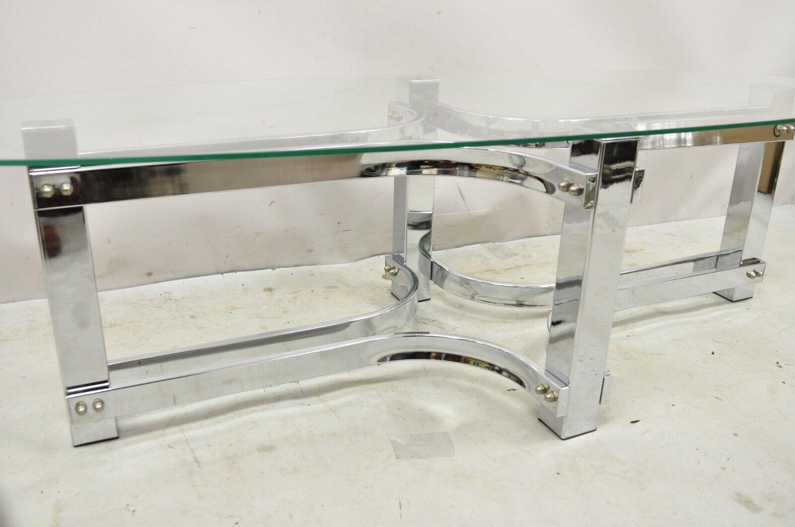 Vintage Mid Century Modern Oval Glass Top Sculptural Chrome Frame Coffee Table For Sale 4