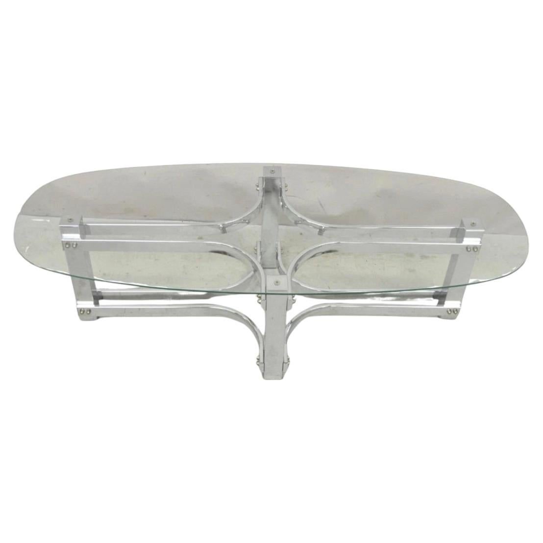 Vintage Mid Century Modern Oval Glass Top Sculptural Chrome Frame Coffee Table