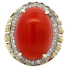 Vintage Mid Century Modern Oval Red Coral and Diamond Gold Cocktail Ring