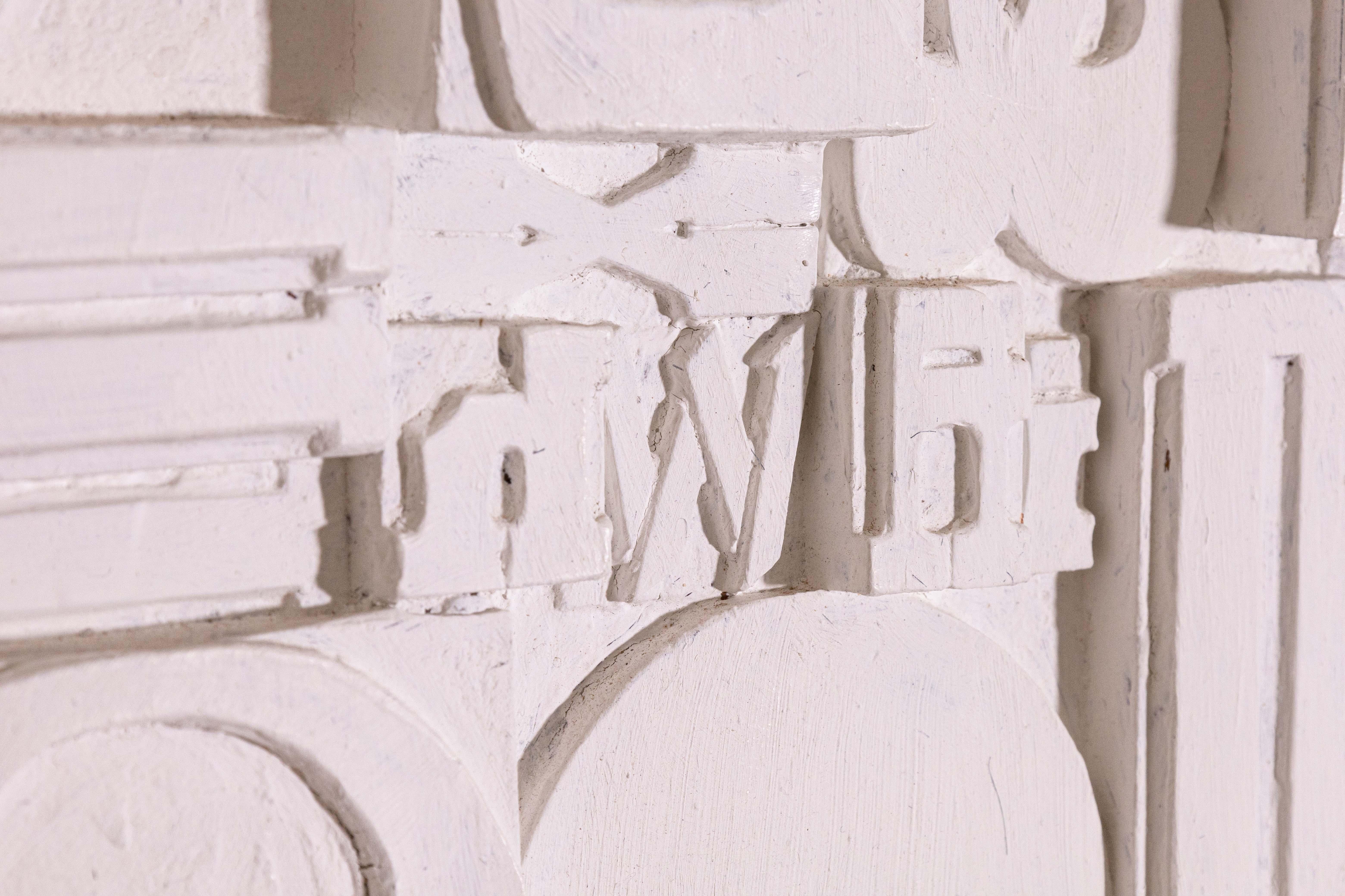 Plaster Vintage Mid Century Modern Painted Typeface Letters Hanging Collage Sculpture For Sale