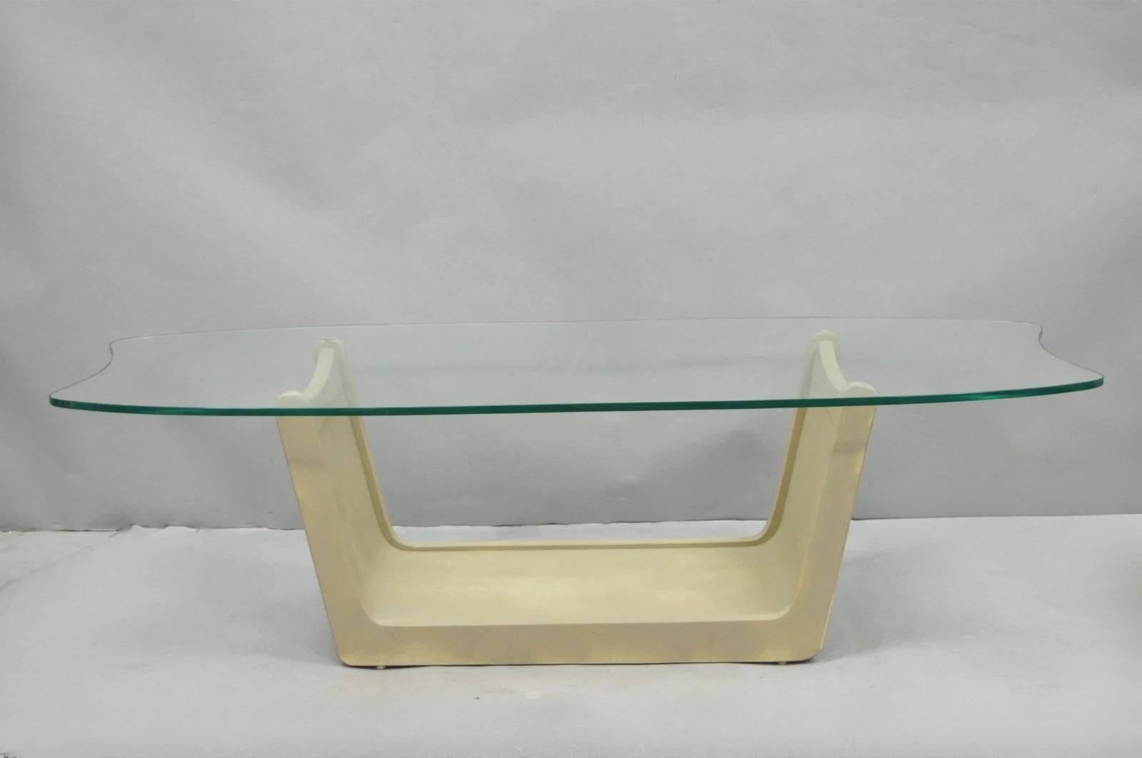 Vintage Mid Century Modern Painted Walnut Waterfall Base Glass Top Coffee Table For Sale 10