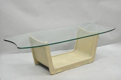 Vintage Mid Century Modern Painted Walnut Waterfall Base Glass Top Coffee Table