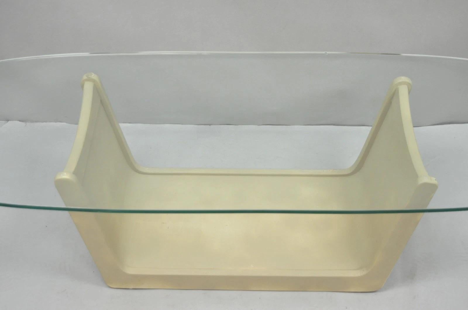 Vintage Mid Century Modern Painted Walnut Waterfall Base Glass Top Coffee Table In Good Condition For Sale In Philadelphia, PA