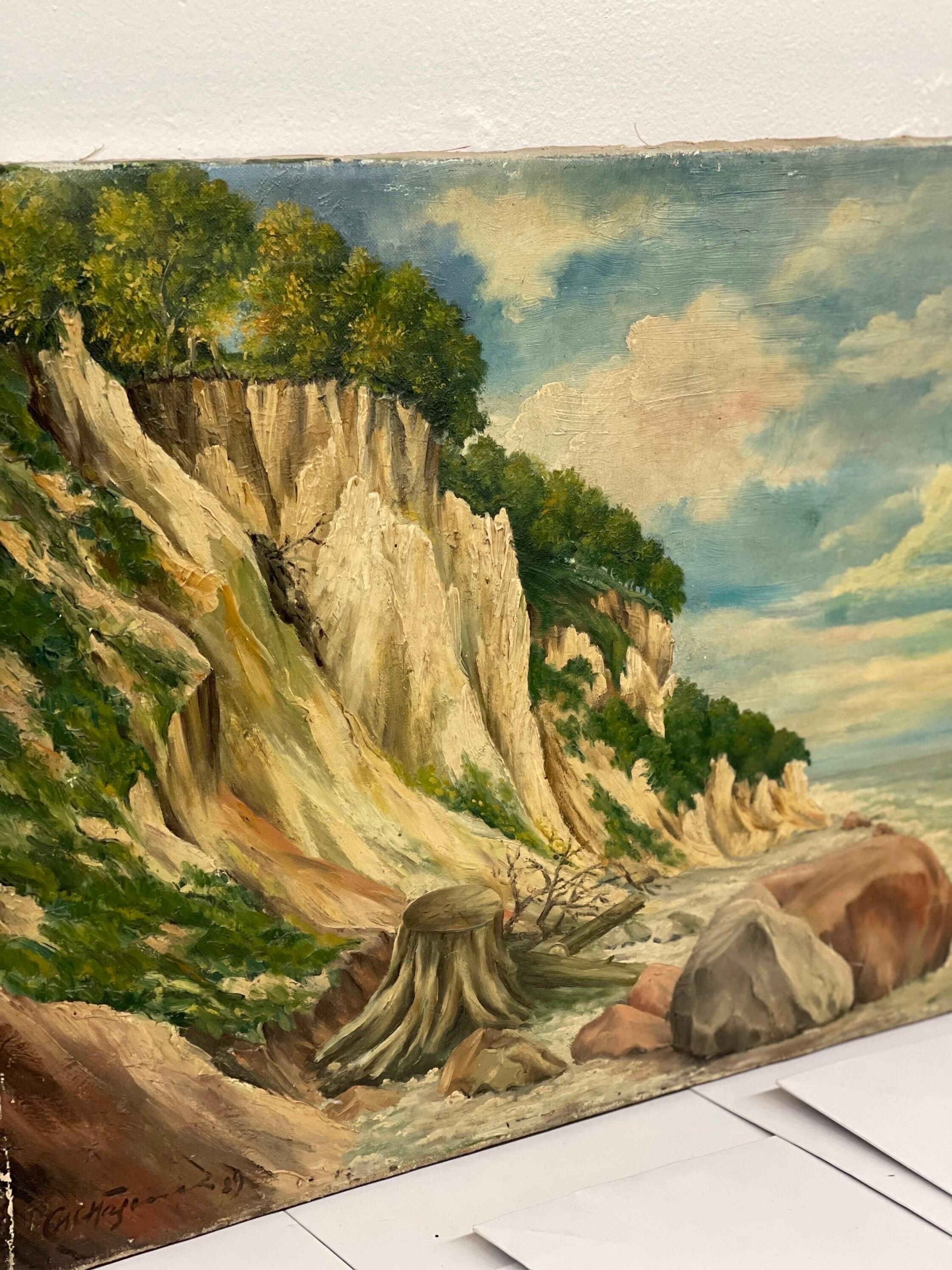 Vintage Mid-Century Modern painting mountain scenic coast MCM Retro Deco patina impressionist primitive

Dimensions. 25 W ; 1 D ; 16 3/4 H.