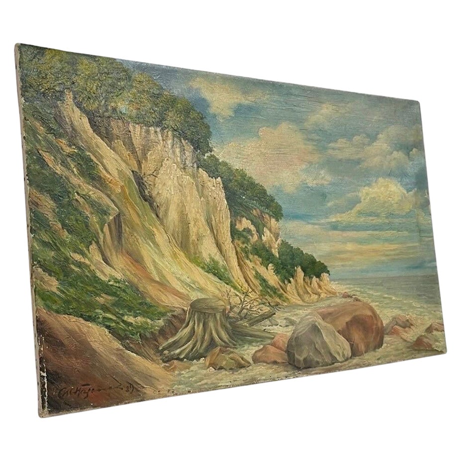 Vintage Pintura Moderna de Mediados de Siglo Montaña Costa Escénica