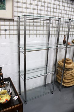 Vintage Mid-Century Modern Pair of Glass & Chrome Shelving Units Etagere