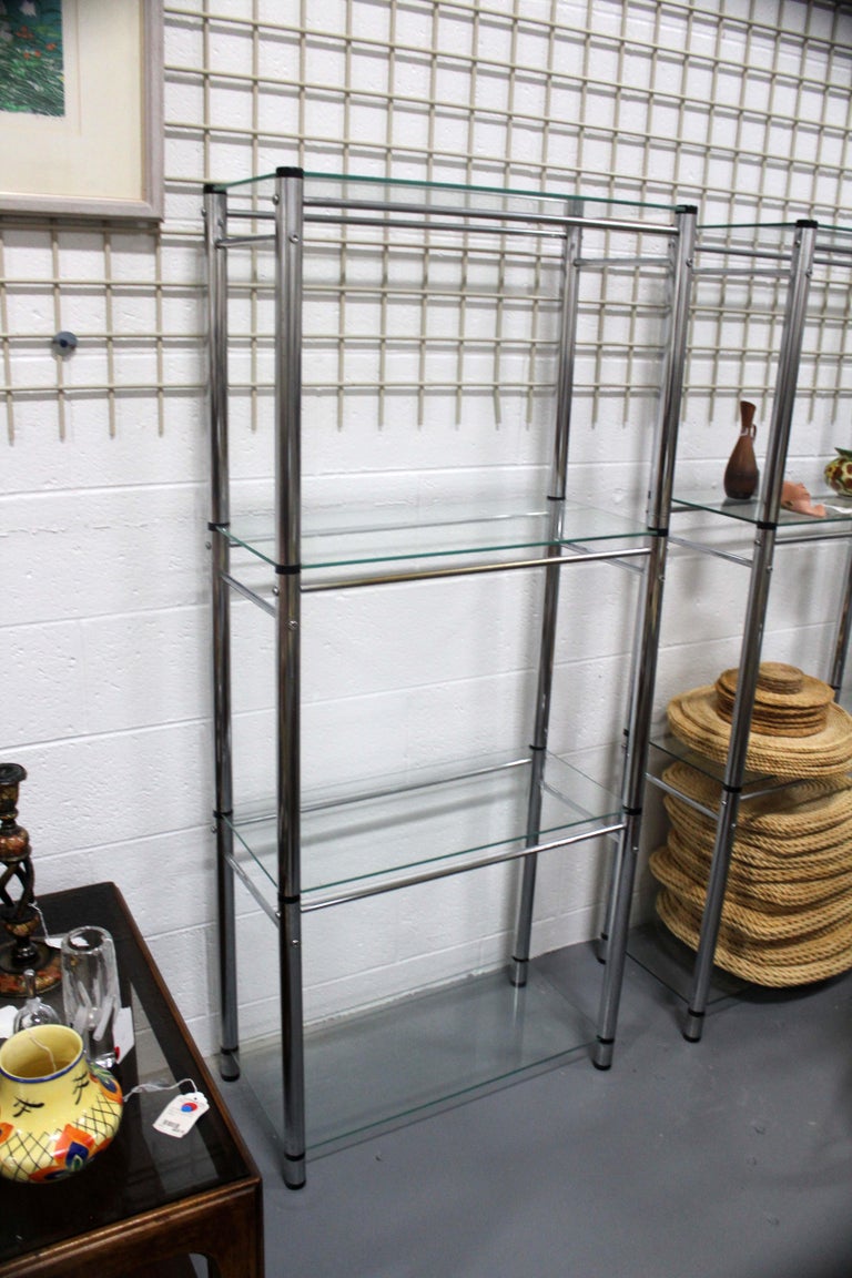 Vintage MidCentury Modern Pair of Glass and Chrome Shelving Units