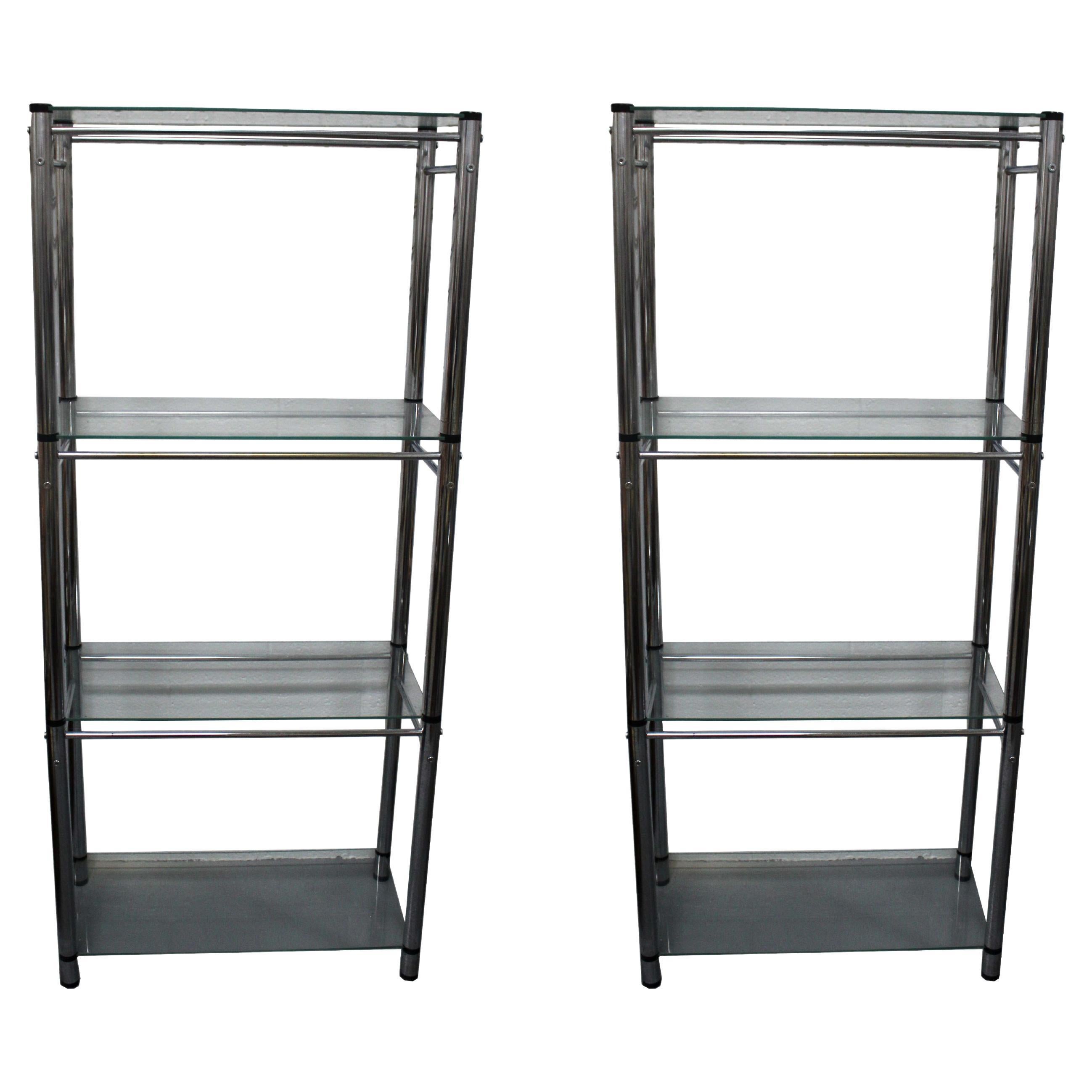Vintage Mid-Century Modern Pair of Glass & Chrome Shelving Units Etagere For Sale