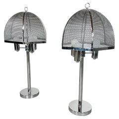 Used Mid-Century Modern Pair of Laurel Style Chrome Wire Mesh Table Lamps