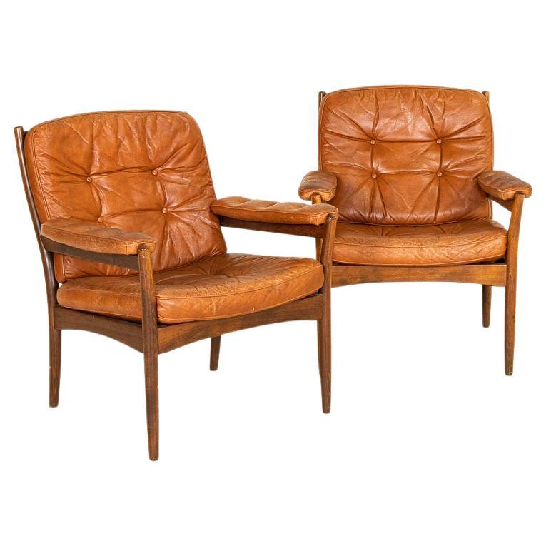 Vintage Mid-Century Modern Pair of Leather Arm Chairs by Gote Mobel of Sweden