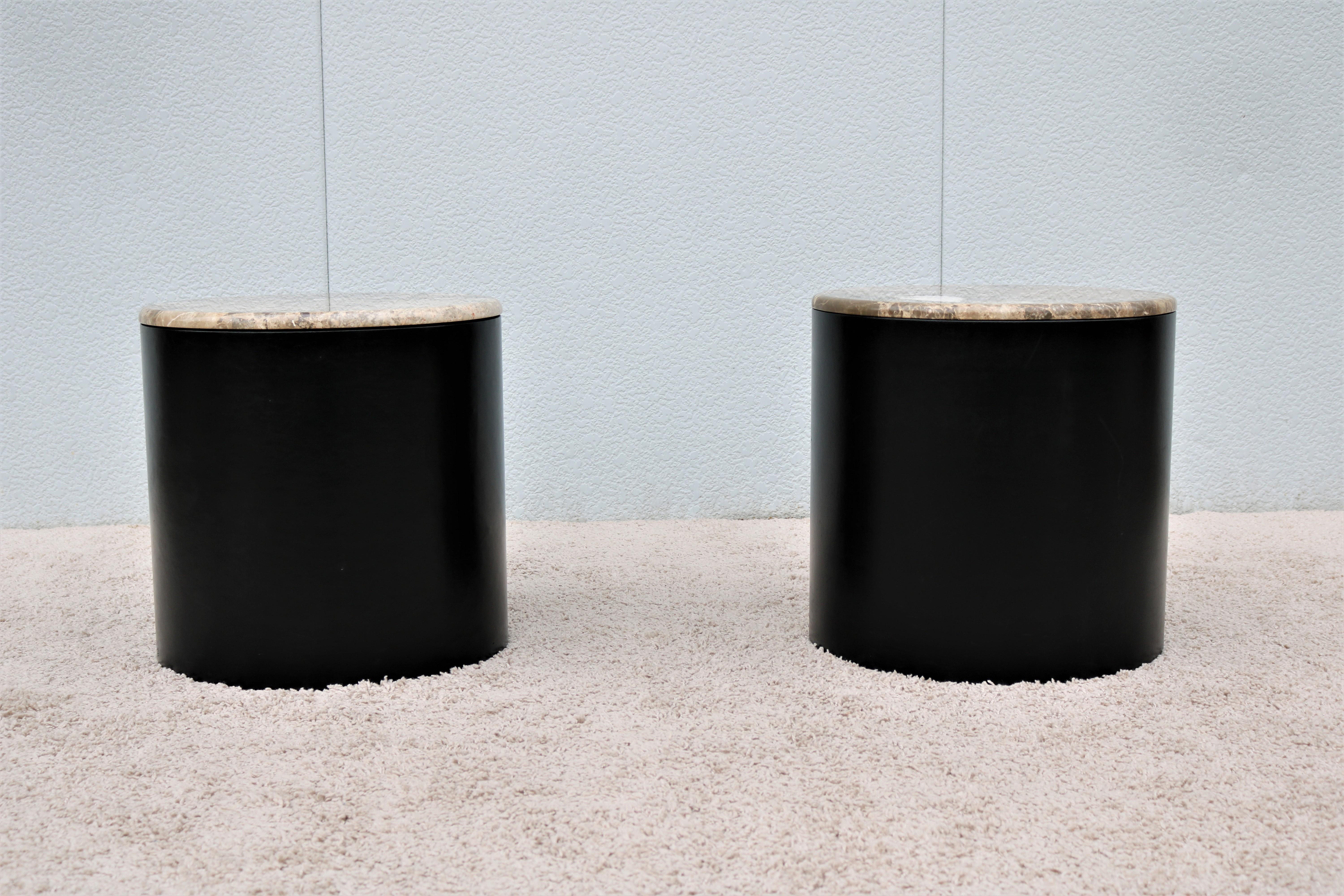 American Vintage Mid-Century Modern Paul Mayen Brown Marble Top Drum Side Tables, a Pair For Sale