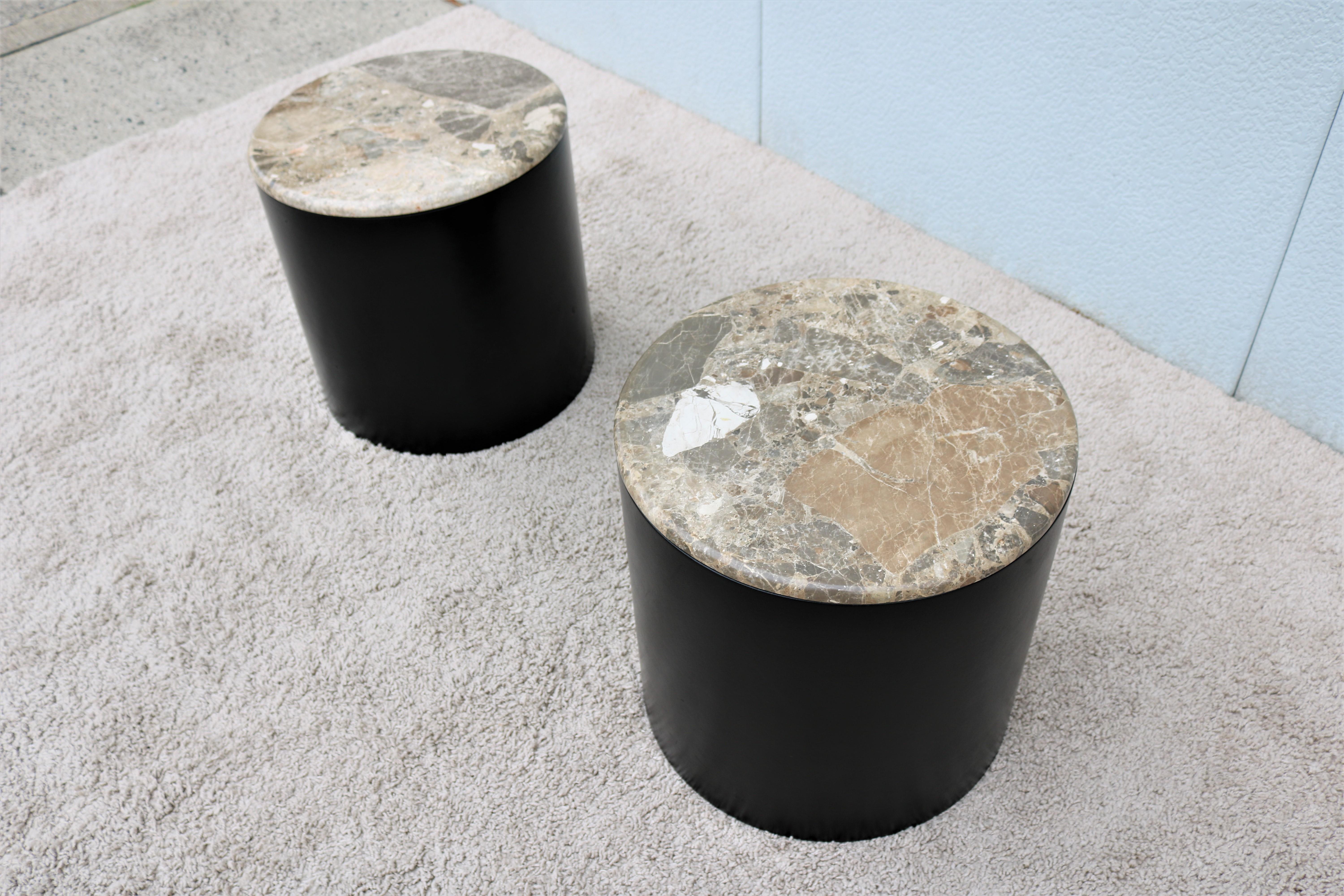 Beveled Vintage Mid-Century Modern Paul Mayen Brown Marble Top Drum Side Tables, a Pair For Sale