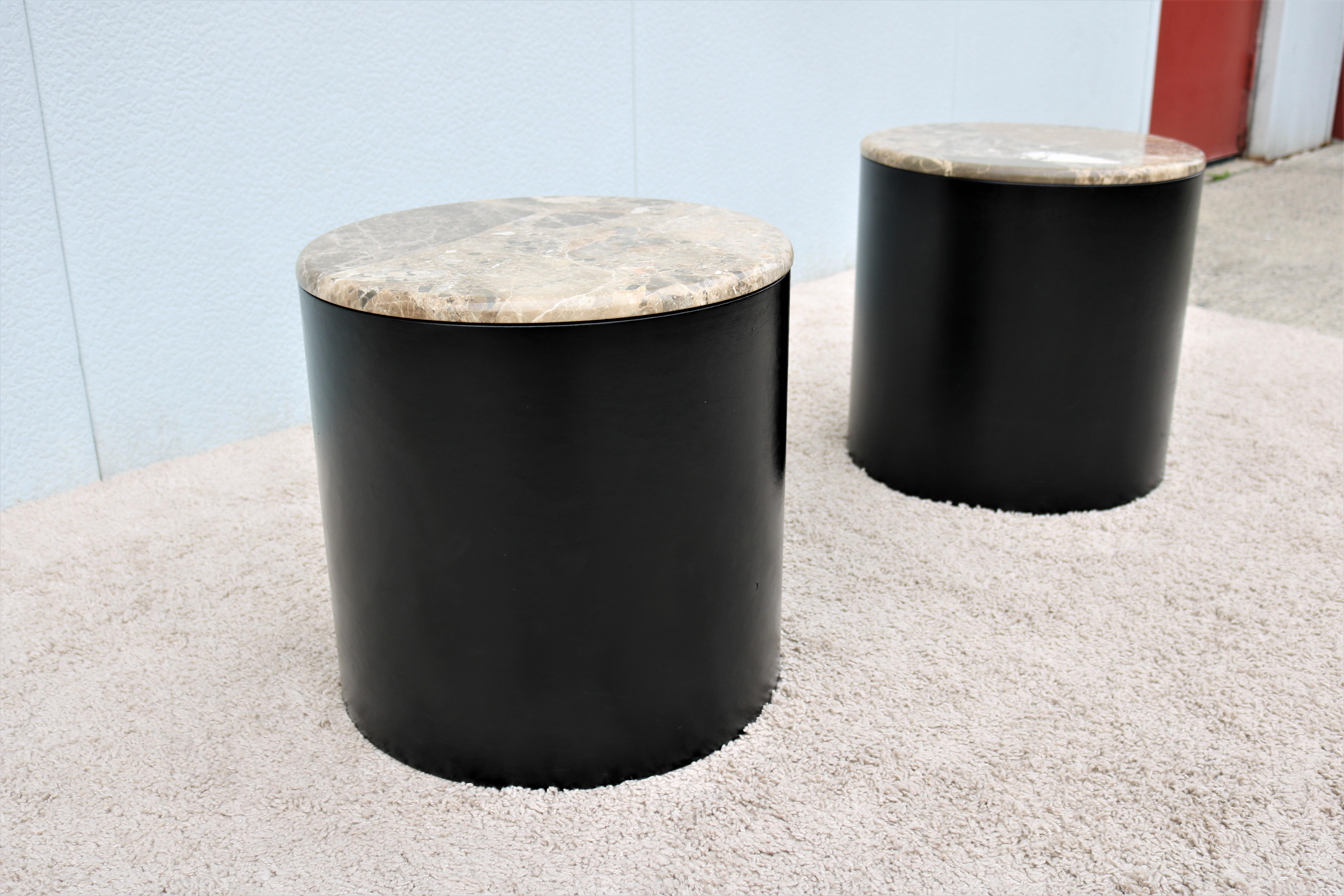 Vintage Mid-Century Modern Paul Mayen Brown Marble Top Drum Side Tables, a Pair In Good Condition For Sale In Secaucus, NJ