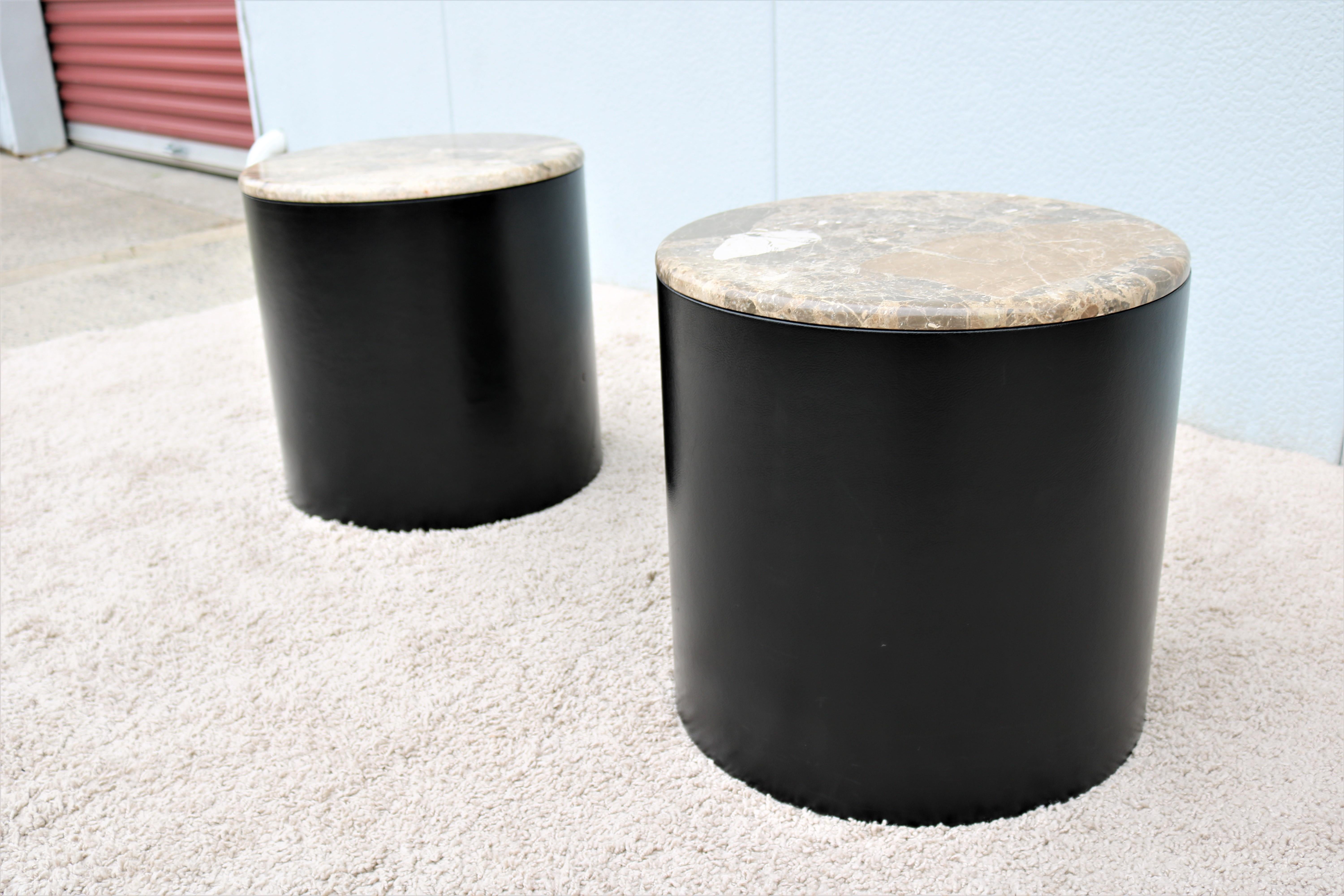 20th Century Vintage Mid-Century Modern Paul Mayen Brown Marble Top Drum Side Tables, a Pair For Sale