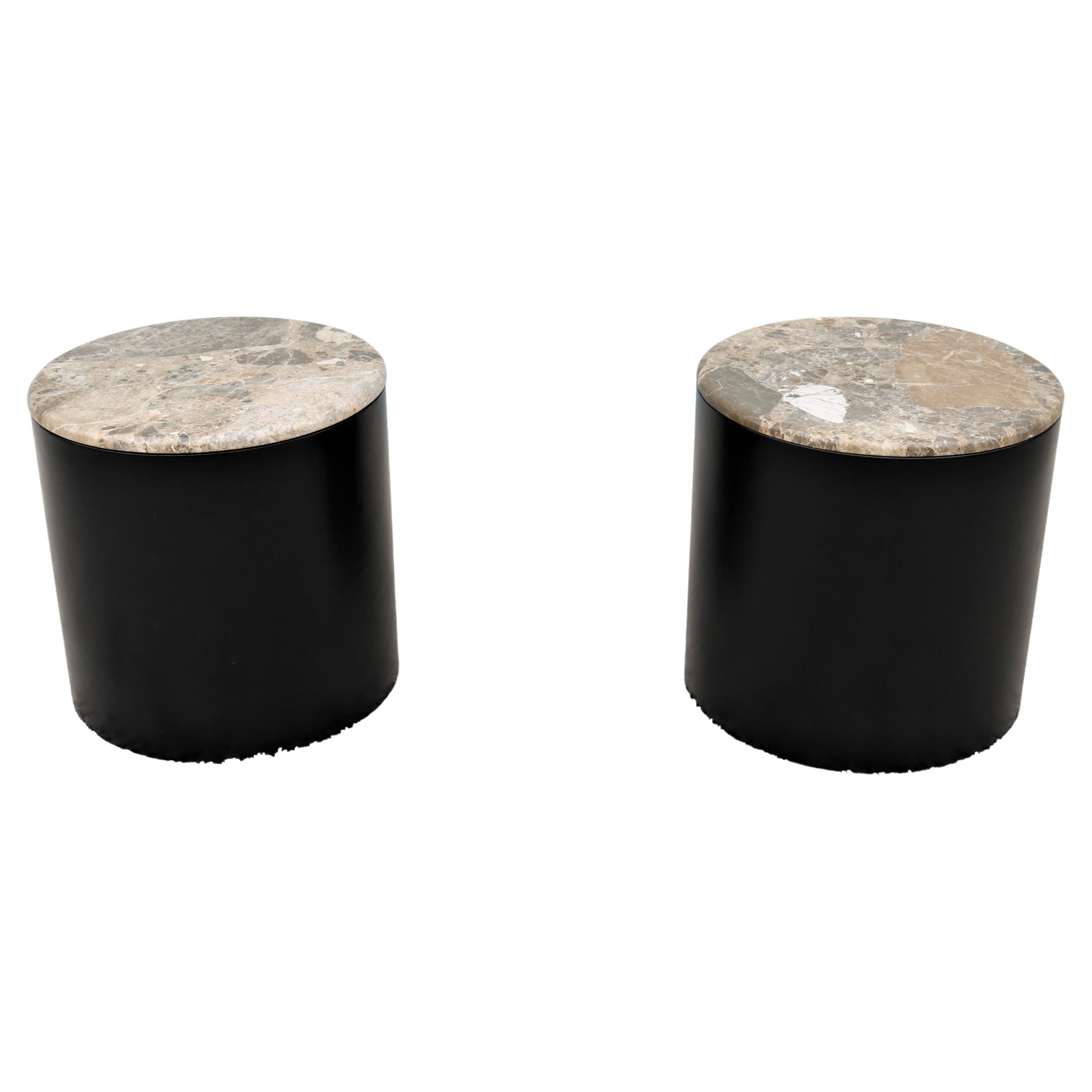 Vintage Mid-Century Modern Paul Mayen Brown Marble Top Drum Side Tables, a Pair For Sale