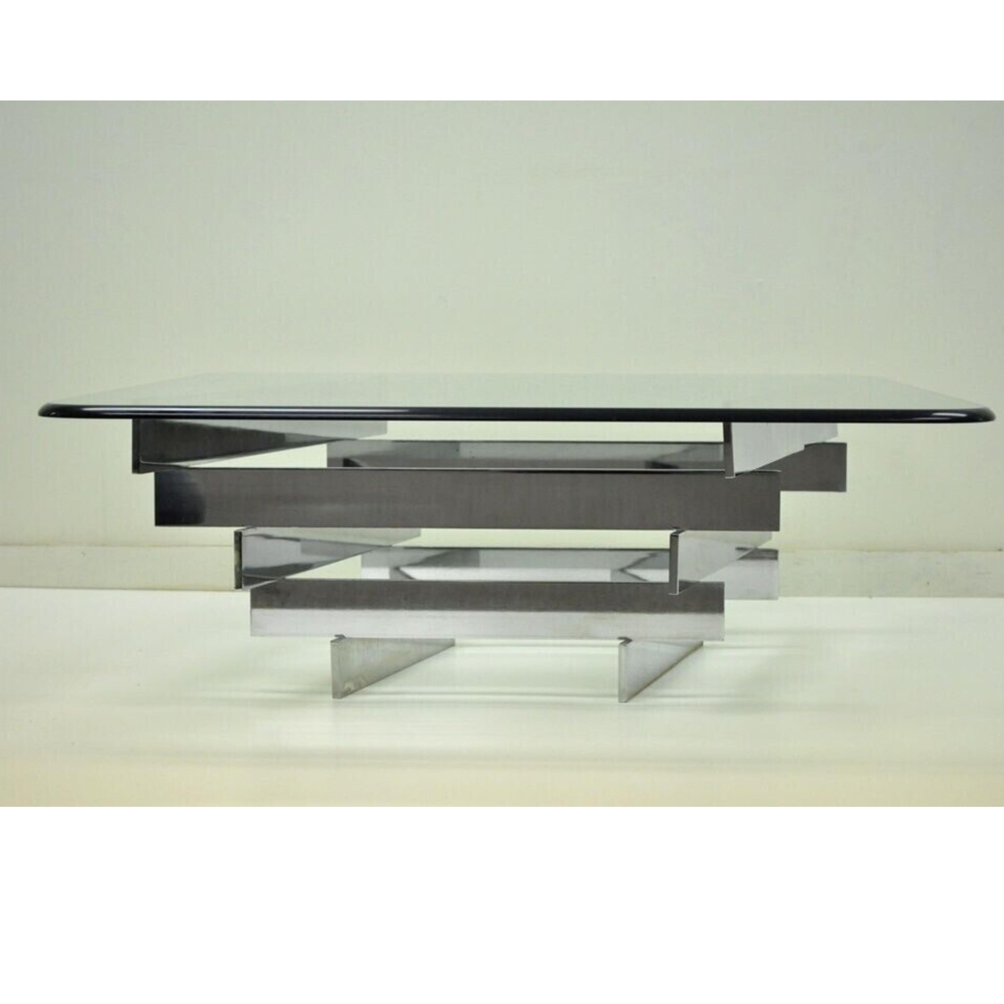 Vintage Mid Century Modern Paul Mayen for Habitat Chrome Stack Glass Coffee Table. Item featured chrome steel finish with a heavy solid base, modern stacked design, very nice vintage item. Attributed to Paul Mayen for Habitat. Circa 1970s.